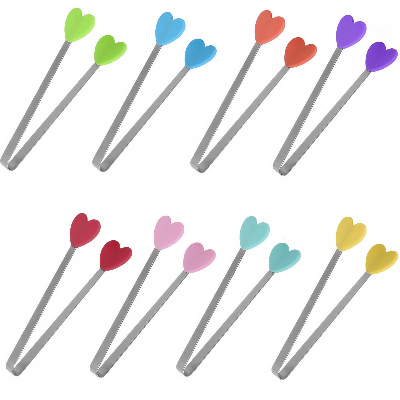 JXHAPY 8PCS Mini Food Tongs, Small Stainless Steel Tongs with Silicone Tips, for Ice Cube, fruits, Sugar, Barbecue, 5.3 inch，8 Colors (Heart shape)