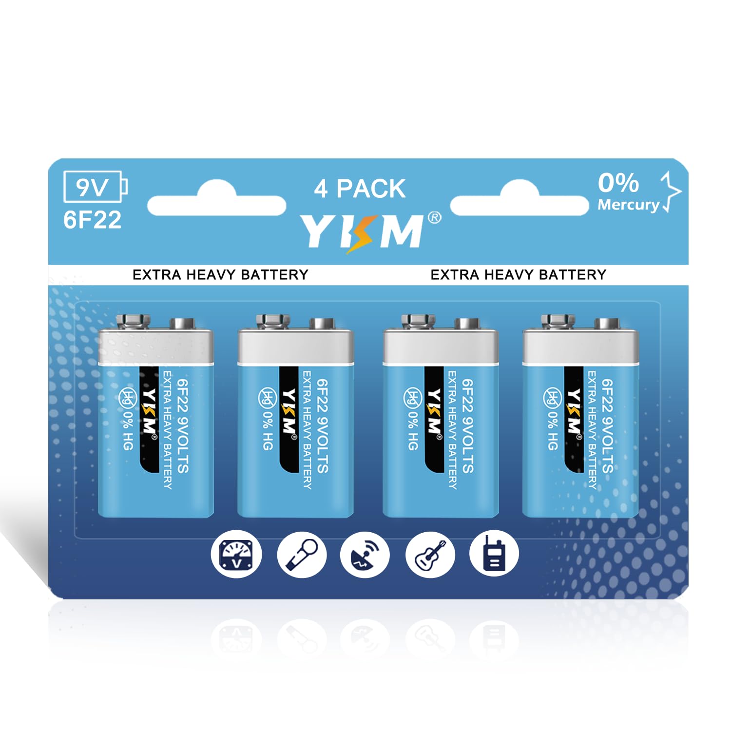 YKM 9 Volt Battery Long-Lasting 9V Carbon Zinc Battery for Smoke Alarm Guitar Pedals Smoke Detector Battery - 7 Year Shelf Life 4 Pack