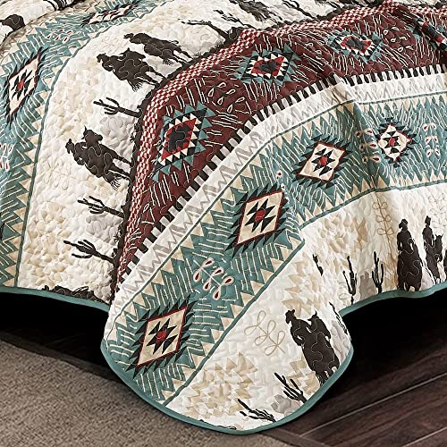 Jaba/WPM Western Teal/Beige/Burgundy Cowboy Desert Southwestern Print Bedspread 3 Piece west Theme Cabin Lodge Ranch Design Coverlet Quilt Set-Kadence 22366 (Queen), Teal, Beige, Taupe Burgundy