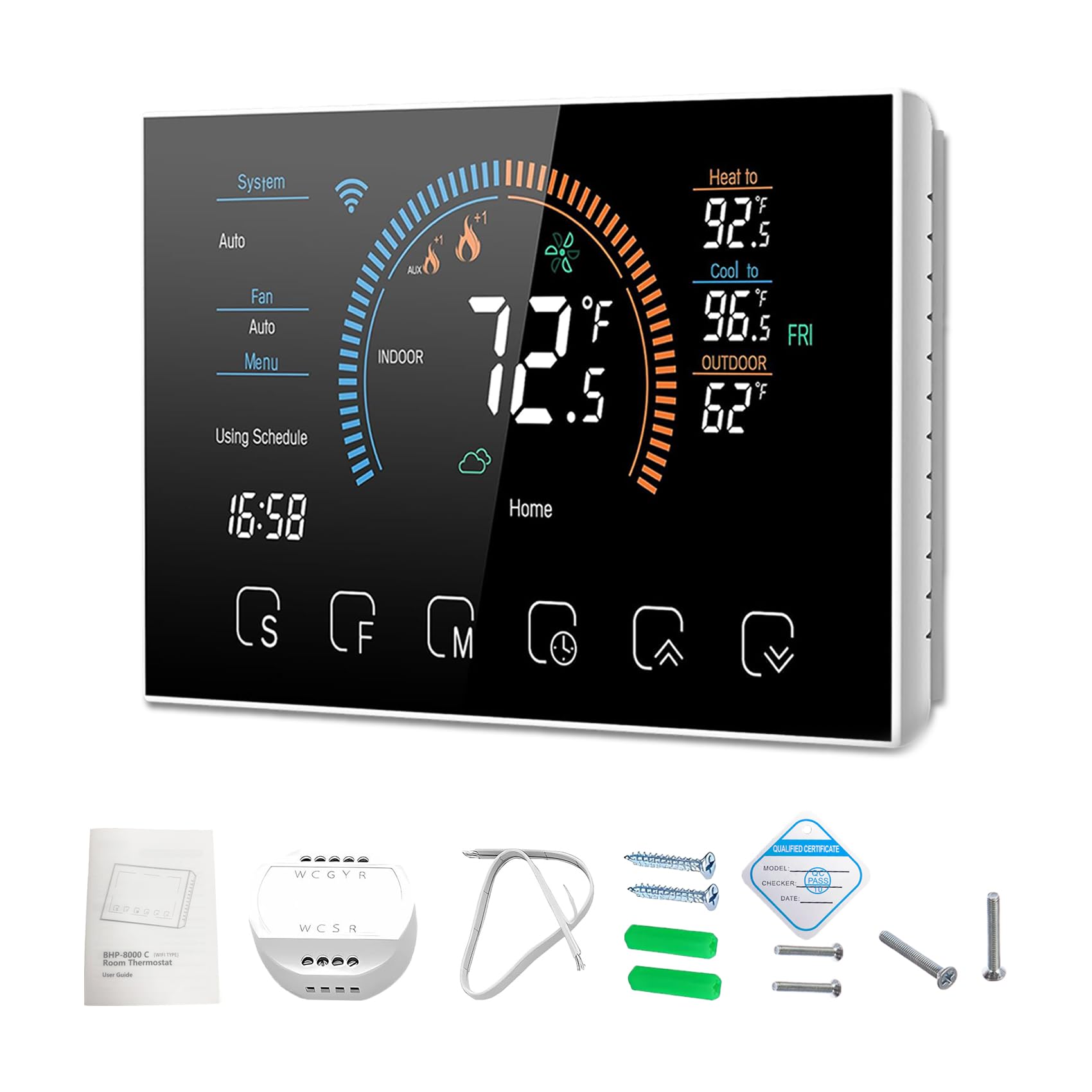 Bestechy Smart Thermostat for Home WiFi, App Thermostat, for Air and Ground Energy Heat Pumps, Includes C-Wire Adapter, LCD Color Screen, Voice Control, Energy Efficient, Easy DIY