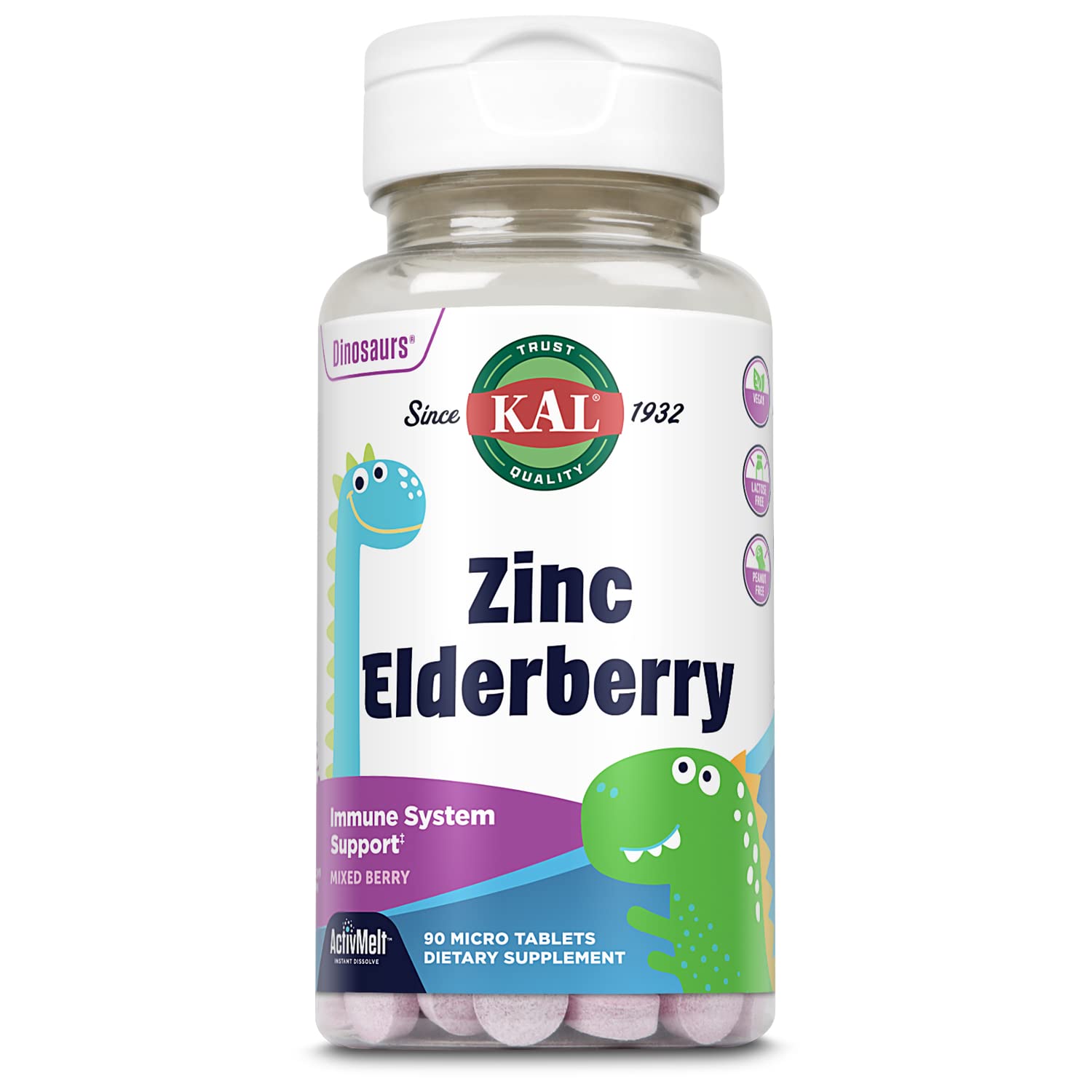 KAL Kids Zinc Elderberry Dinosaurs, Immune Support Supplement* for Children w/ Sambucus Elderberry, Fast Dissolving Mixed Berry ActivMelts, Fun, Tasty Dino Shapes, Vegan, 90 Servings, 90 Micro Tablets