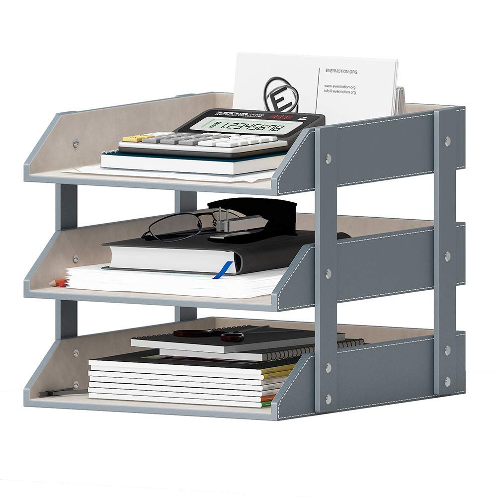 Leather Desk Organizer, Thipoten 3-Tier Stackable Letter Tray Holder for Office Supplies, Paper, File, Magazine, Perfect Office Organization for Desktop (Grey-3Tiers)