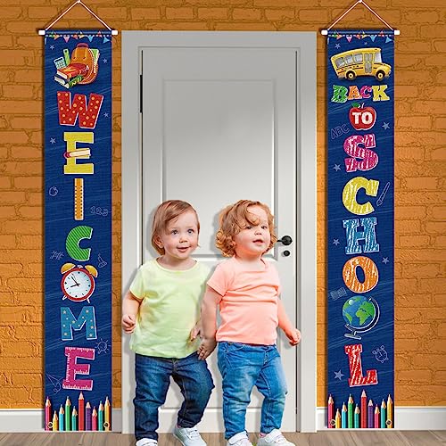 Welcome Back to School Porch Sign Supplies Back to School Door Sign Party Decorations First Day of School Hanging Banners for Kindergarten Pre-school Primary High School Classroom Wall (Blue)