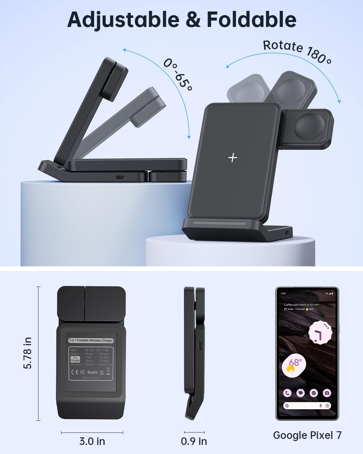 Houflody 3 in 1 Foldable Wireless Charging Station for Google Pixel Watch 1, Pixel Buds Pro/2 and Pixel 9 Pro/9 Pro XL/9/8a/8 Pro/8/7 Pro/7a/7/6/Pro (Not for Pixel 9 Pro Fold), with QC Adapter, Black