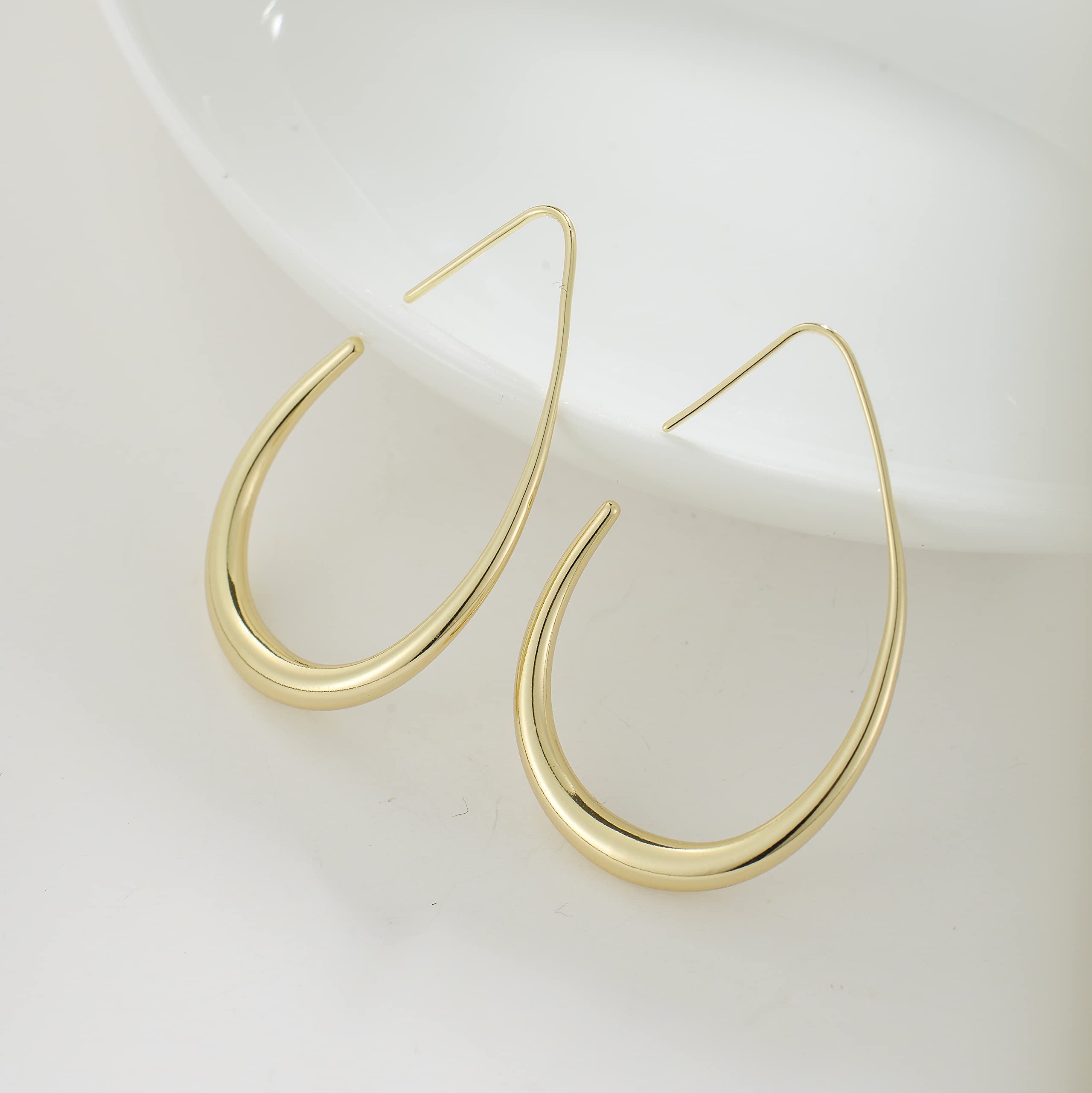 Lightweight Teardrop Hoop Earrings for Women - 14k Gold/White Gold Plated Large Oval Pull Through Hoop Earrings High Polished Statement Jewelry Gift for Women Teen Girls