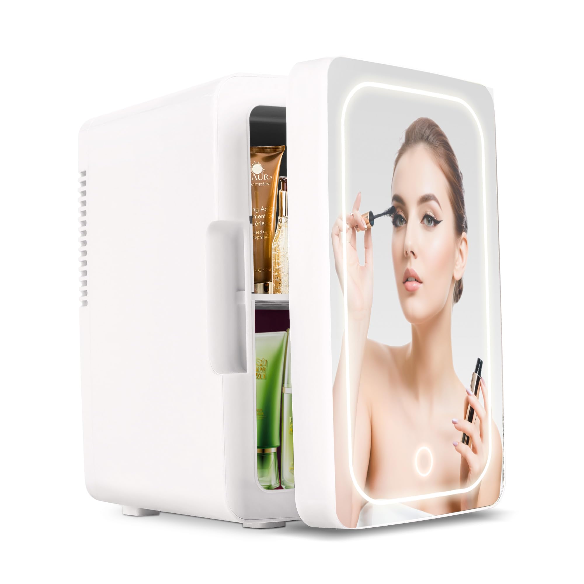 Mini Fridge for Bedroom 6L/8 Cans Skincare Fridge with LED Miroor Portable Cooler & Warmer 110V AC/12V DC Compact Small Refrigerator for Skin Care Cosmetic Beverages Drinks, Office Dorm and Car, White