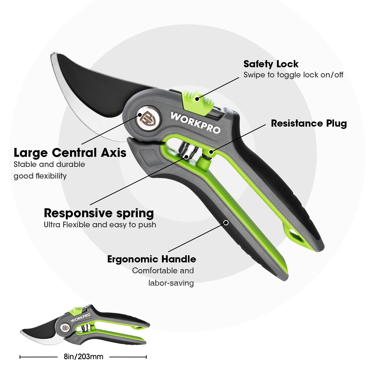 WORKPRO Bypass Pruning Shears, 8’’ Stainless Steel Gardening Hand Pruner, Professional Garden Trimming Scissors with Sharp SK5 Steel Blades, Ideal Garden Tool,Green