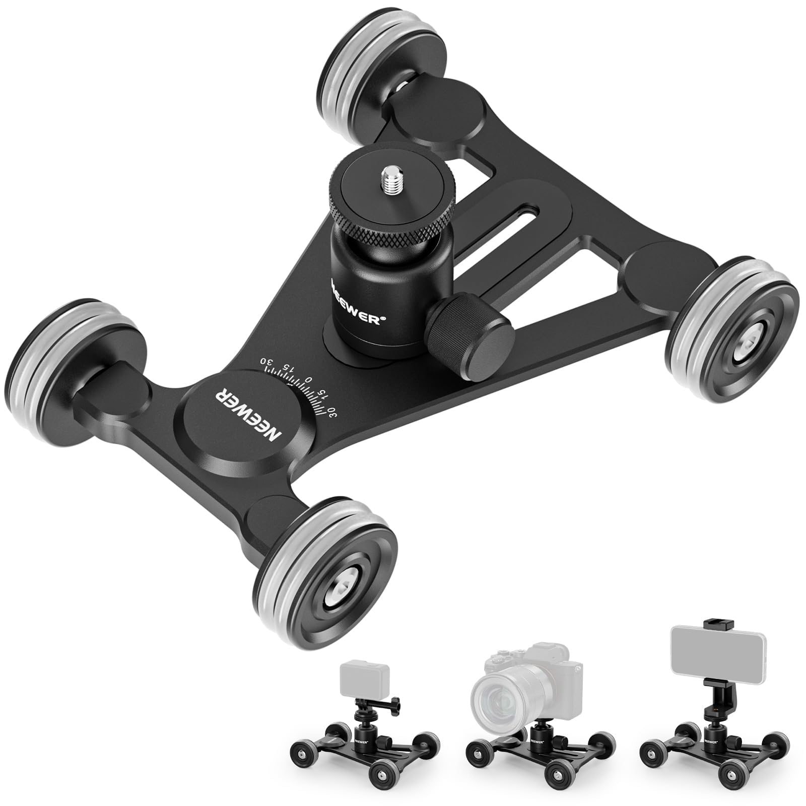 NEEWER Camera Slider Dolly with 360° Ball Head/Phone Clamp/Action Camera Mount Adapter, 4 Wheel Manual Dolly for ±30° Circular/Linear Movement, Compatible with GoPro Insta360 iPhone Android, SD002