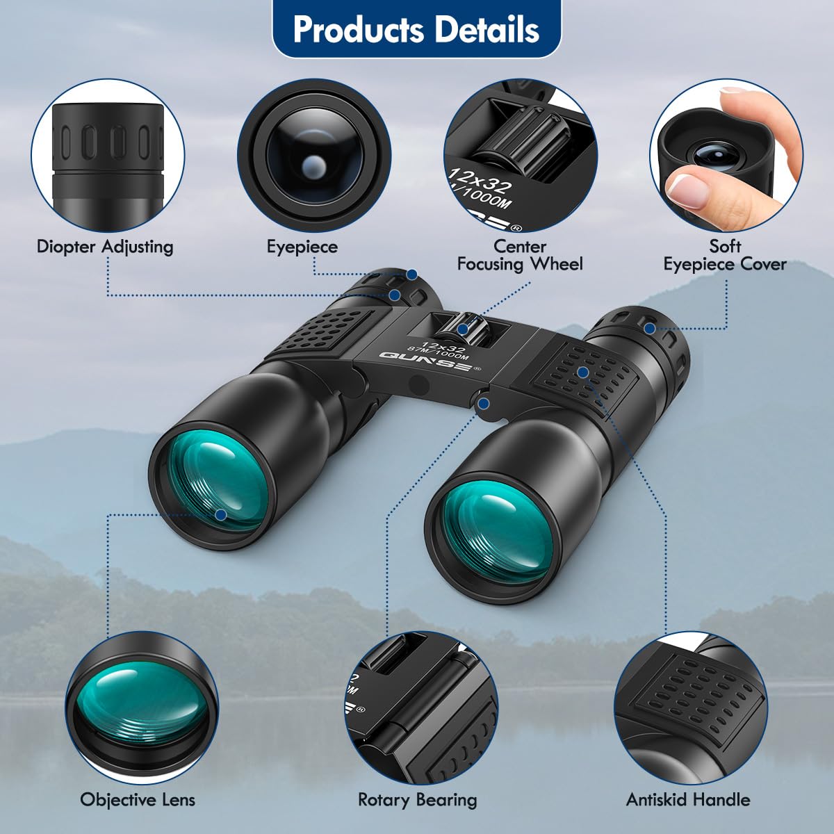 QUNSE 12x32 Binoculars Compact for Adults - High Powered Binoculars for Bird Watching Travel Spectator Sport Fishing Golf