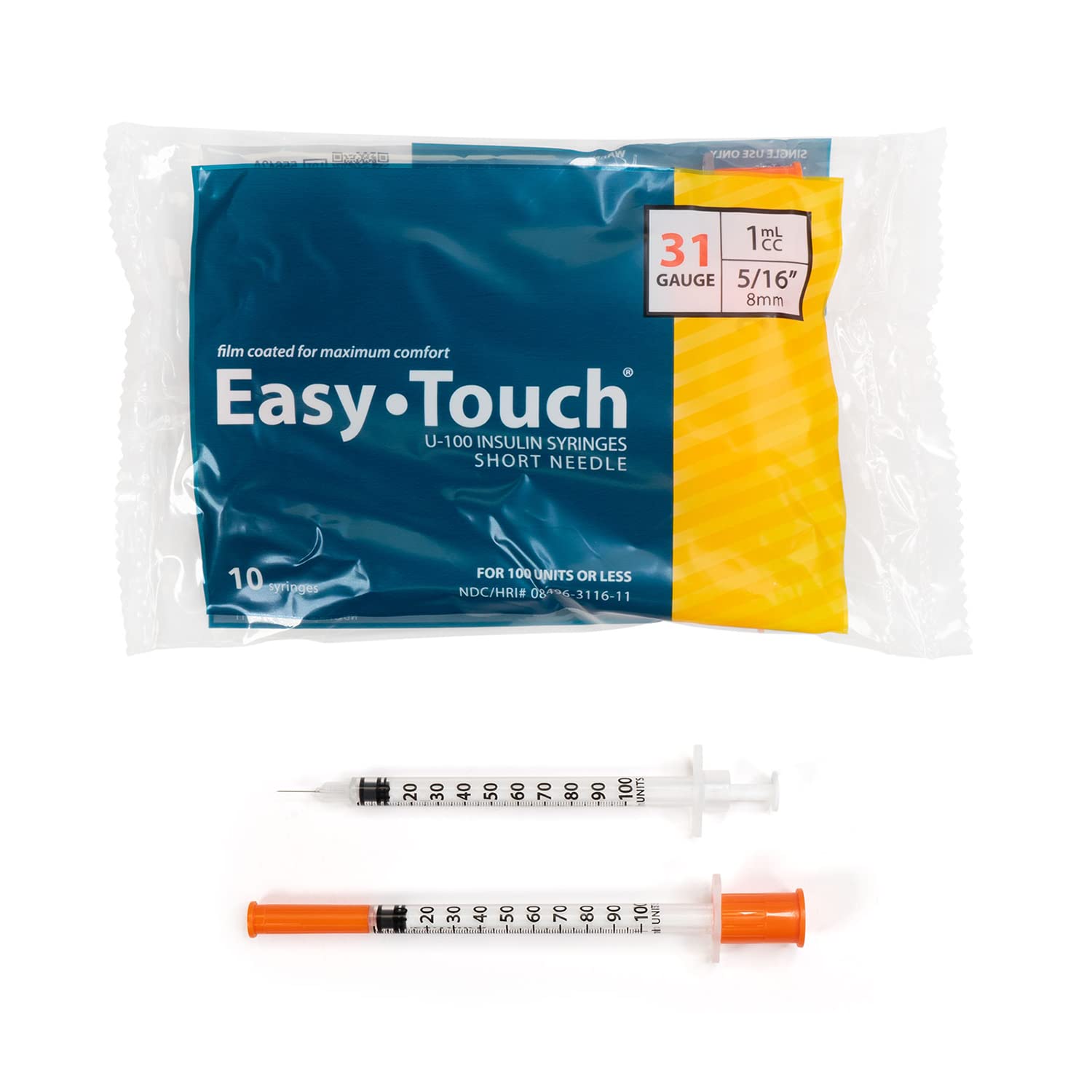 EasyTouch U-100 Insulin Syringe with Needle, 31G 1cc 5/16-Inch (8mm), Box of 100