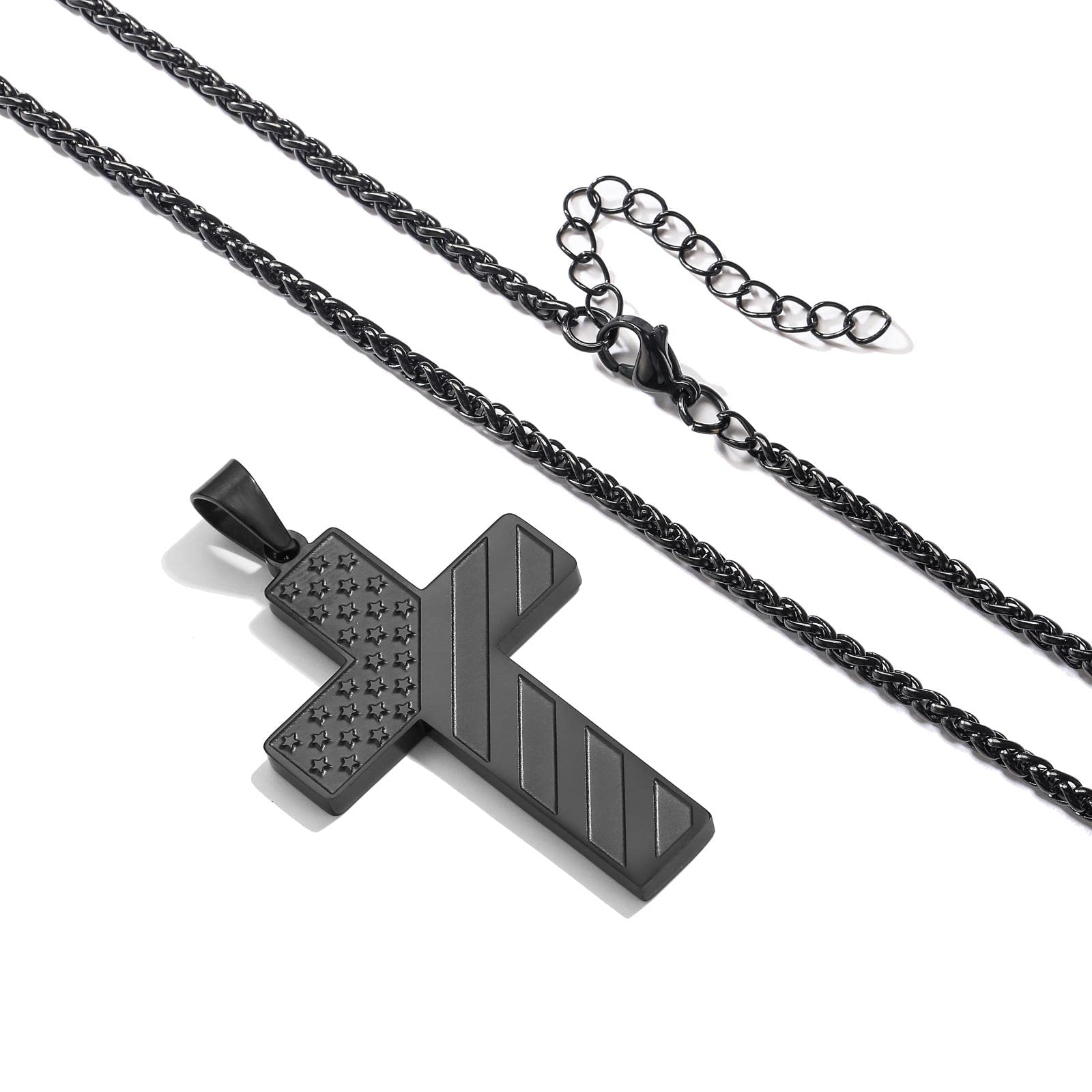 DuoDiner Black Cross Necklace for Men Boys Pendant Chain American Flag Joshua 1:9 Baptism Religious Christian First Communion Confirmation Jewelry Christmas Graduation Gifts Him Teenage Boys Age