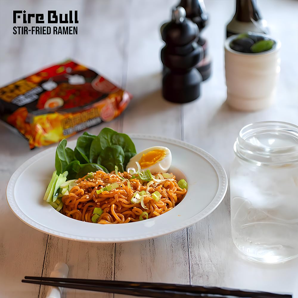 Fire Bull Ramen Intense Spicy Stir-Fried Ramen, Authentic Korean Heat Meets Flavorful Delight | Thick, Chewy Noodles | Quick & Easy Meal (4 Pouches)