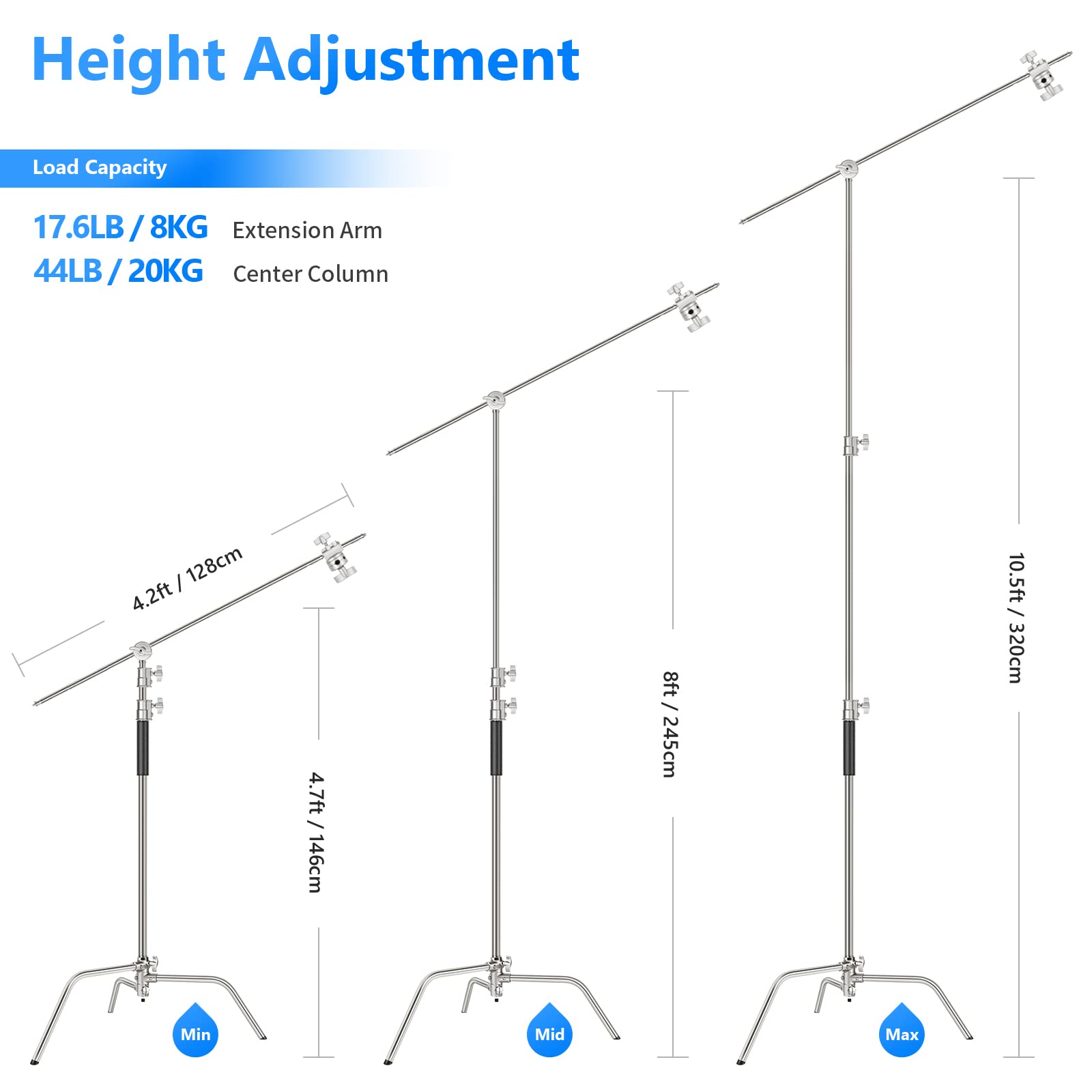 NEEWER Pro 100% Stainless Steel Heavy Duty C Stand with Boom Arm, Max Height 10.5ft/320cm Photography Light Stand with 4.2ft/128cm Holding Arm, 2 Grip Head for Studio Monolight, Softbox, Reflector