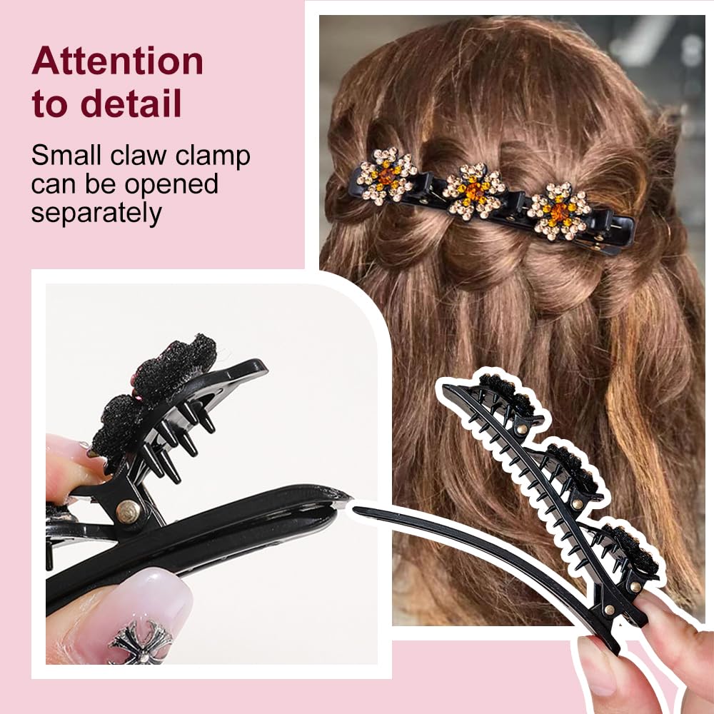 2 Pcs Sparkling Crystal Stone Braided Hair Clips, 2024 New Satin Fabric Hair Bands Rhinestone Four-Leaf Clover Hair Clip for Styling, Duck Bill Clips for Women Girls (C)