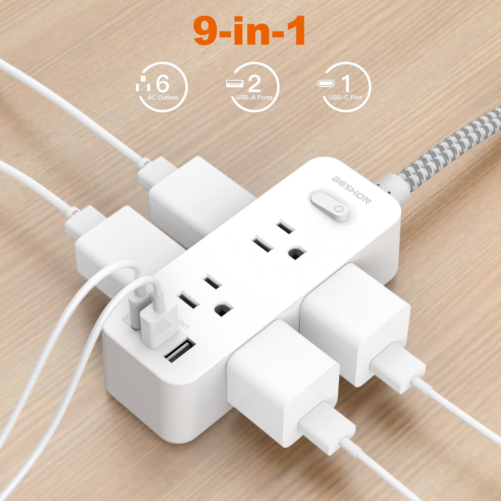 Power Strip Surge Protector, 5Ft Extension Cord, 6 Outlets with 3 USB Ports(1 USB C Outlet), 3-Side Outlet Extender, Wall Mount, Compact for Travel, Home, School, College Dorm Room and Office