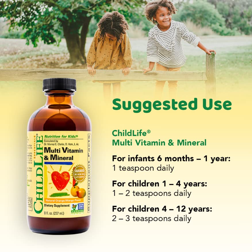 CHILDLIFE ESSENTIALS, Kids Liquid Multivitamin and Mineral Supplement - Liquid Vitamins for Toddlers & Children, All-Natural, Gluten-Free, Non-GMO - Natural Orange & Mango Flavor, 8 Fl Oz Bottle