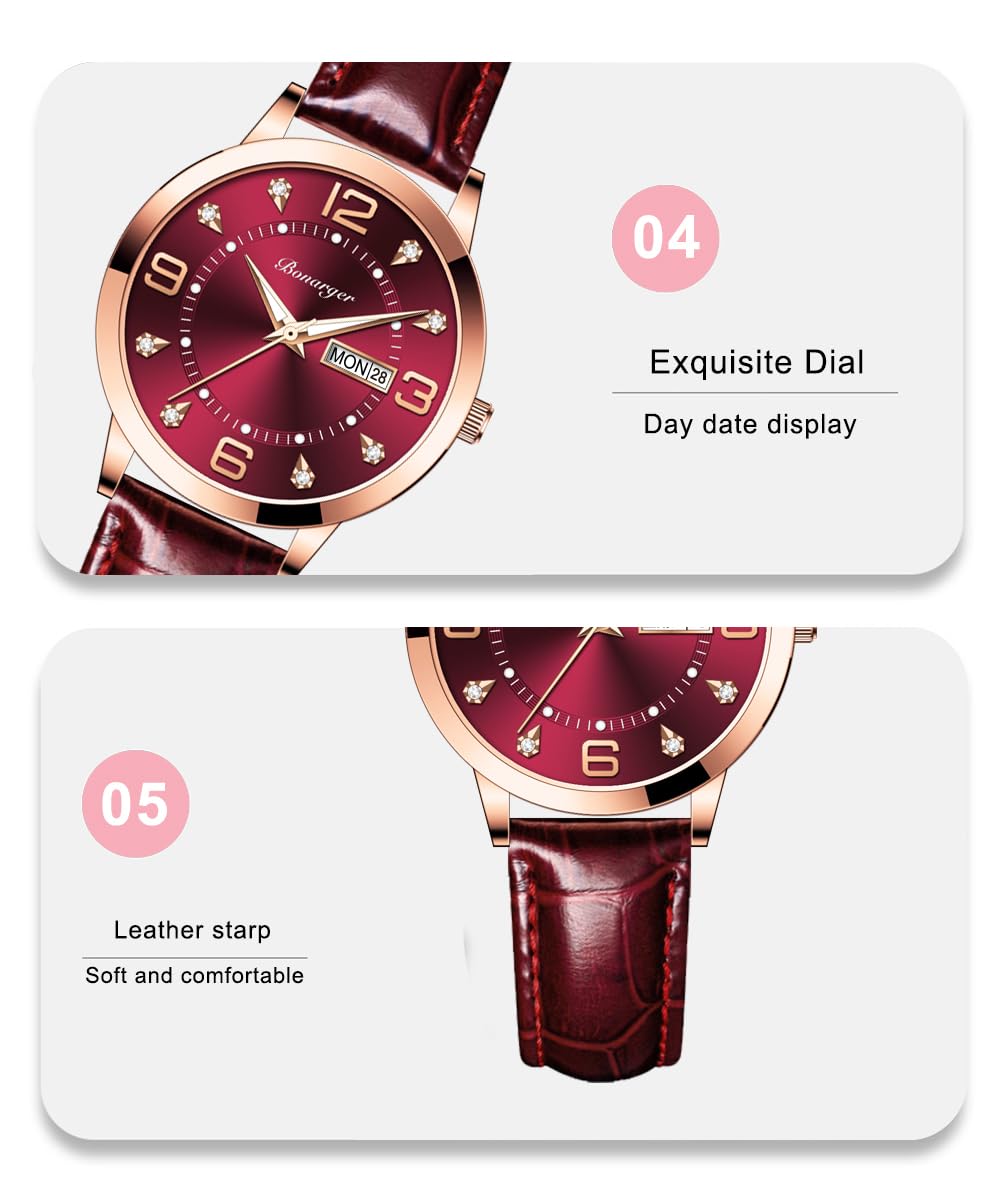 BESTKANG Leather Women Watches Ladies Dress Analog Quartz Date Classic Luminous Leather Strap 3ATM Waterproof Female Wrist Watch (Wine red)