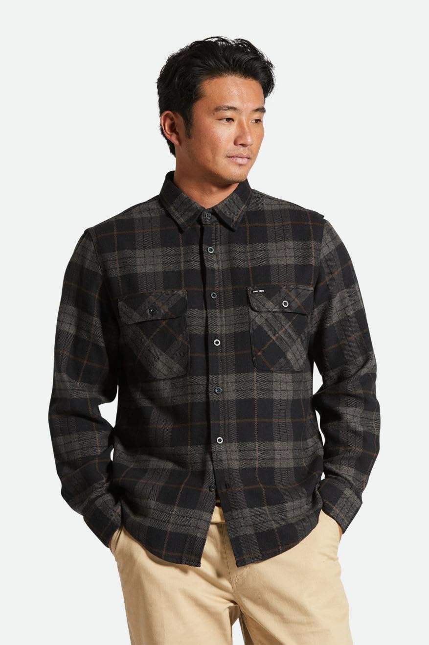 Brixton mens Bowery L/S Flannel Button Down Shirt, Black/Charcoal, XX-Large US