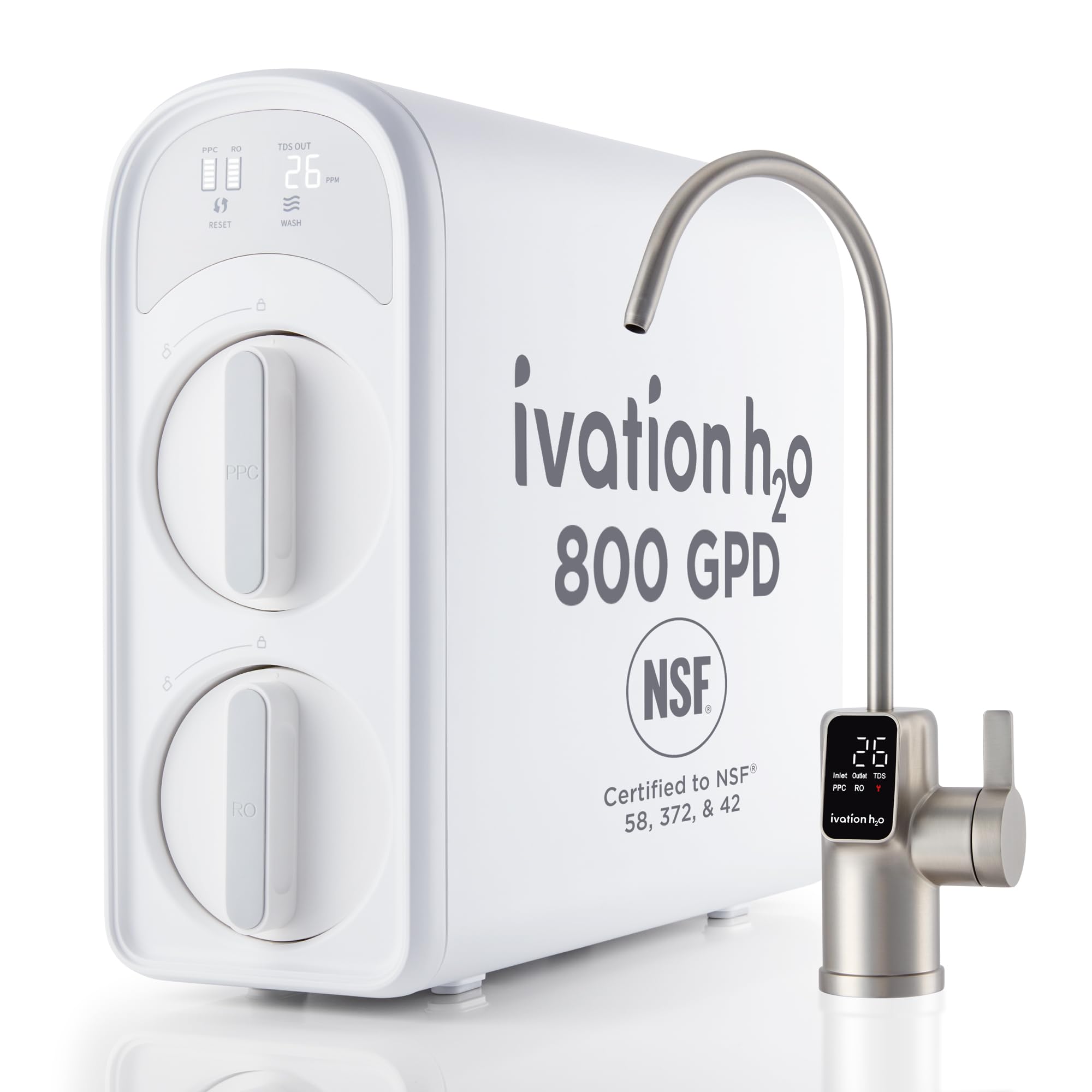 Ivation H2O 800 GPD, Reverse Osmosis Under Sink, Tankless Water Purifier, Home Kitchen Drinking Water Filtration TDS System with 8-Stage Filter NSF/ANSI 42, 58 & 372 Certified, Smart LED Faucet