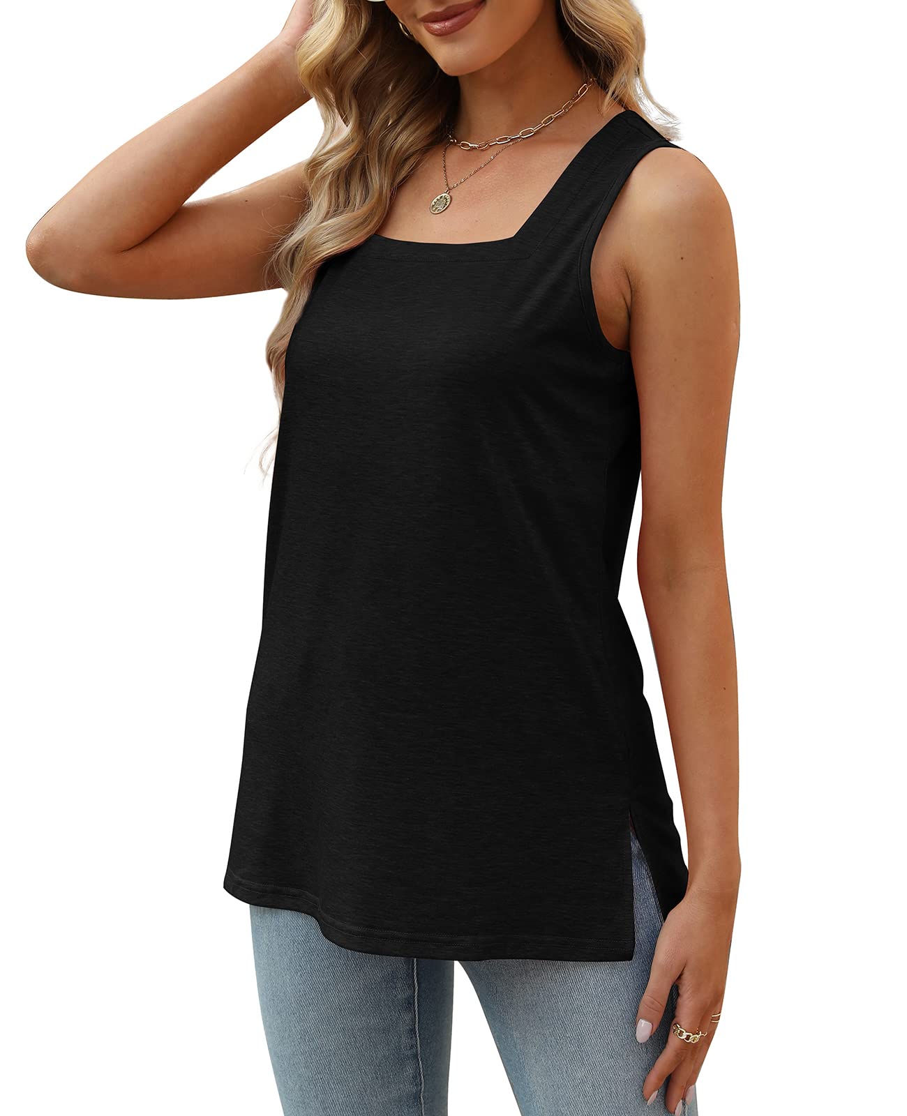 Womens Tank Tops Summer Loose Fit Flowy Square Neck Side Split Sleeveless Black L