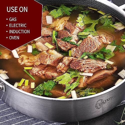 LOLYKITCH 6 Quarts Hybrid Tri-Ply Stainless Steel Sauté Pan with Lid,Induction Large Skillet, Jumbo Cooker,Dishwasher & Oven Safe