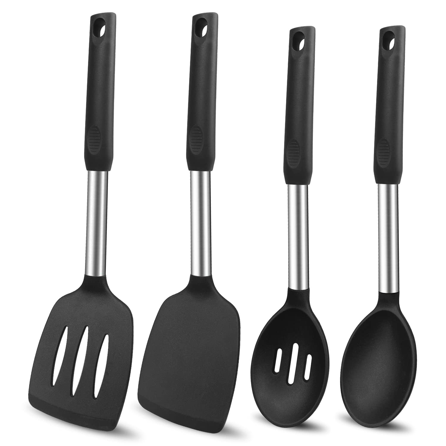 Beijiyi Silicone Spatula and Cooking Spoon, 4 Pack Non-Stick Cooking Utensils Set for Kitchen, Heat Resistant Solid & Slotted Spoons and Spatulas, Stainless Steel Handle with Silicone, Black