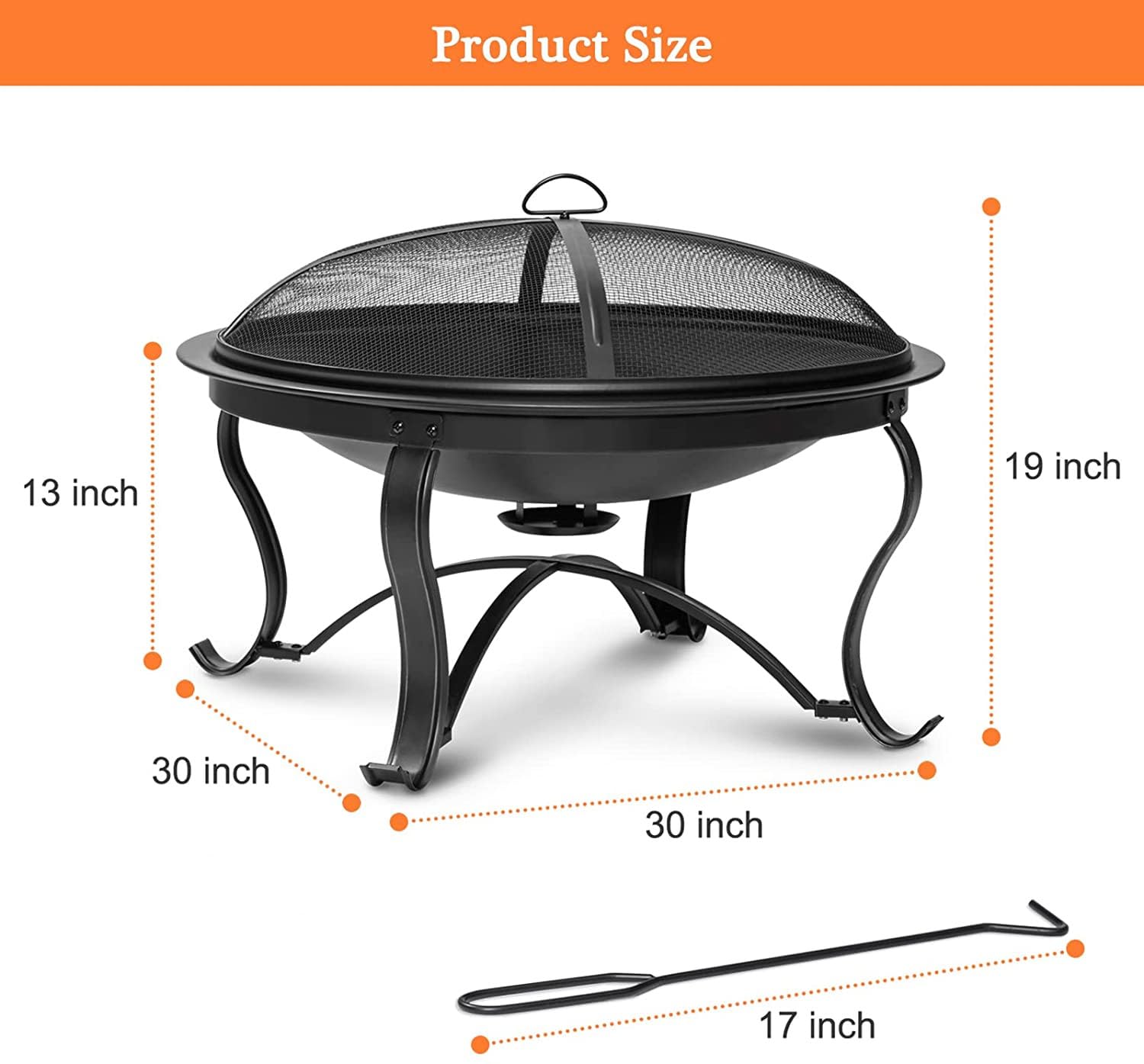 Fire Pit for Outside 30 inch Firepit Outdoor Wood Burning Bonfire Pit Steel Portable Firepits Bowl for Patio Backyard Camping,with Ash Plate,Spark Screen,Log Grate,Poker, Bronze