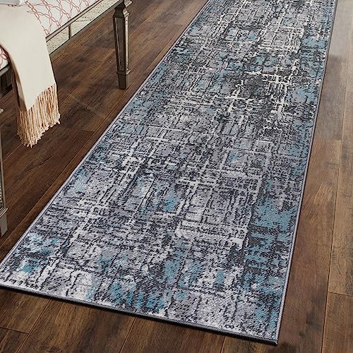 Rugshop Distressed Abstract Stain Resistant Soft Runner Rug 2' x 7' Blue