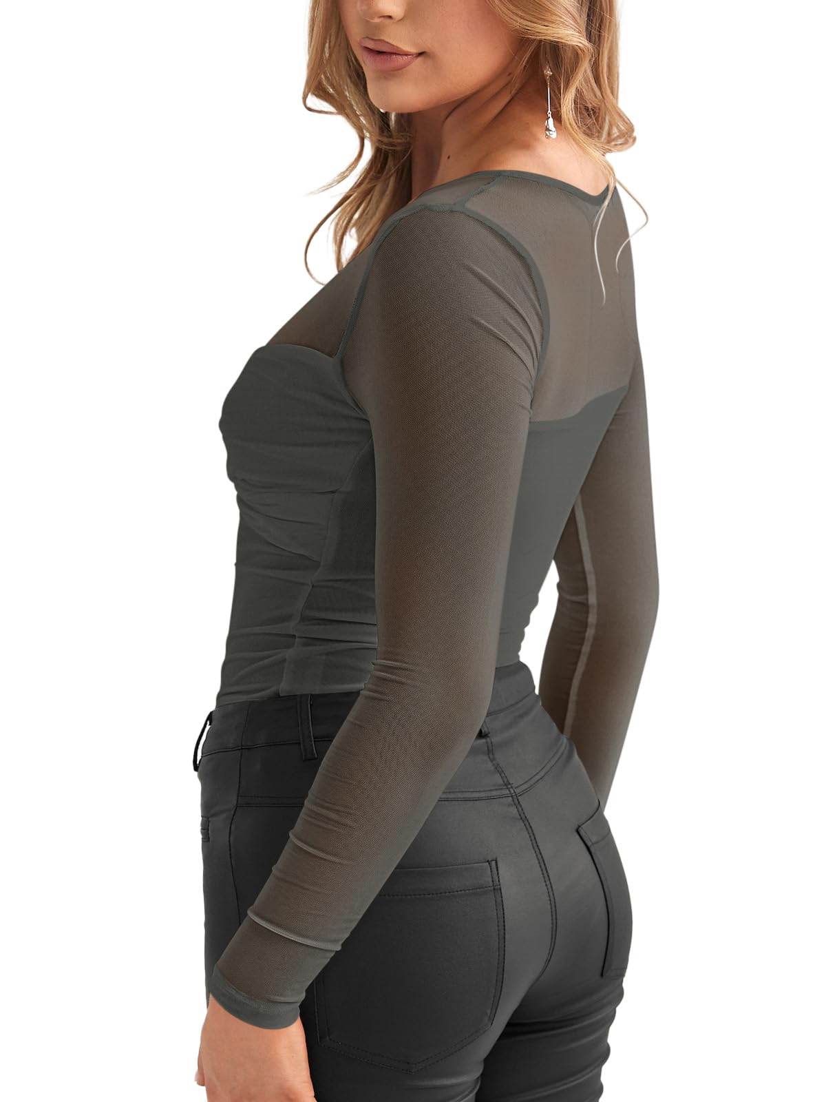 REORIA Women's Fall Sexy Round Neck Front Twist Knot Long Sleeve Sheer Mesh Slimming Ruched Trendy Going Out Bodysuit Tops For Night Out Grey Green Small