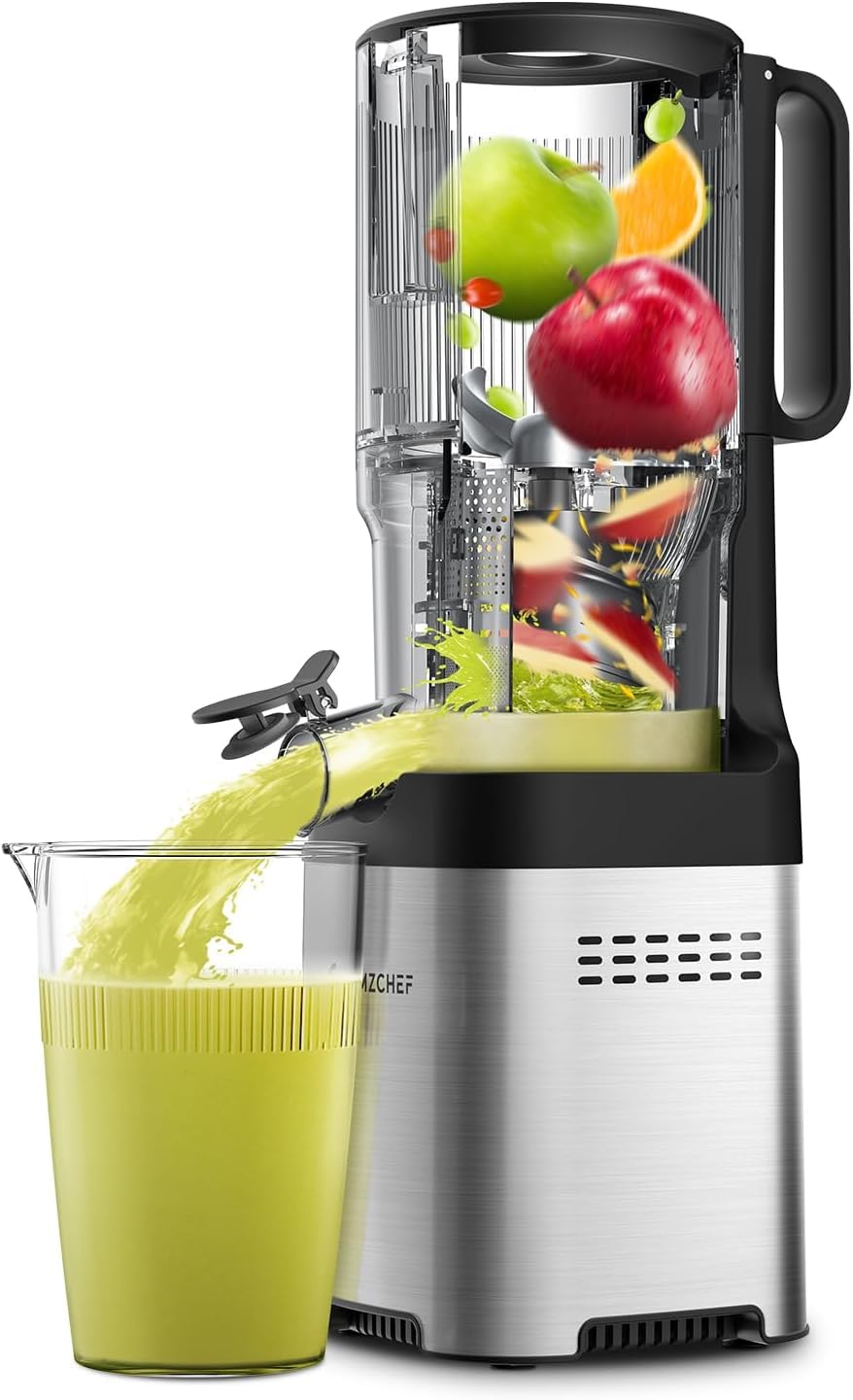 AMZCHEF Cold Press Juicer, Juicer Machines - 5.2" Large Feed Chute for Whole Fruits & Vegetables, Stainless Steel Slow Masticating Juicer Easy to Clean, Large Auger, Triple Strainers, Silver