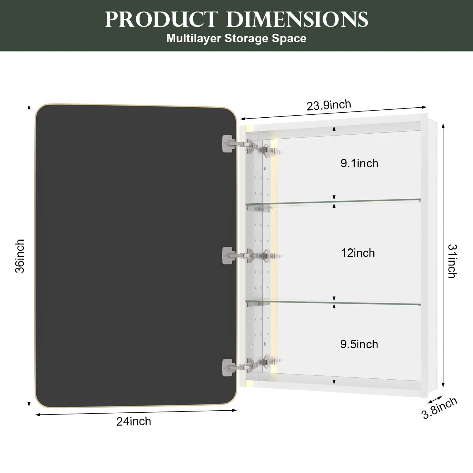 WallBeyond Bathroom Medicine Cabinet with Mirror, 24x36 Inch Gold Recessed Medicine Cabinet with Round Corner Aluminum Alloy Metal Framed, Single Door Modern Medicine Cabinet with Storage