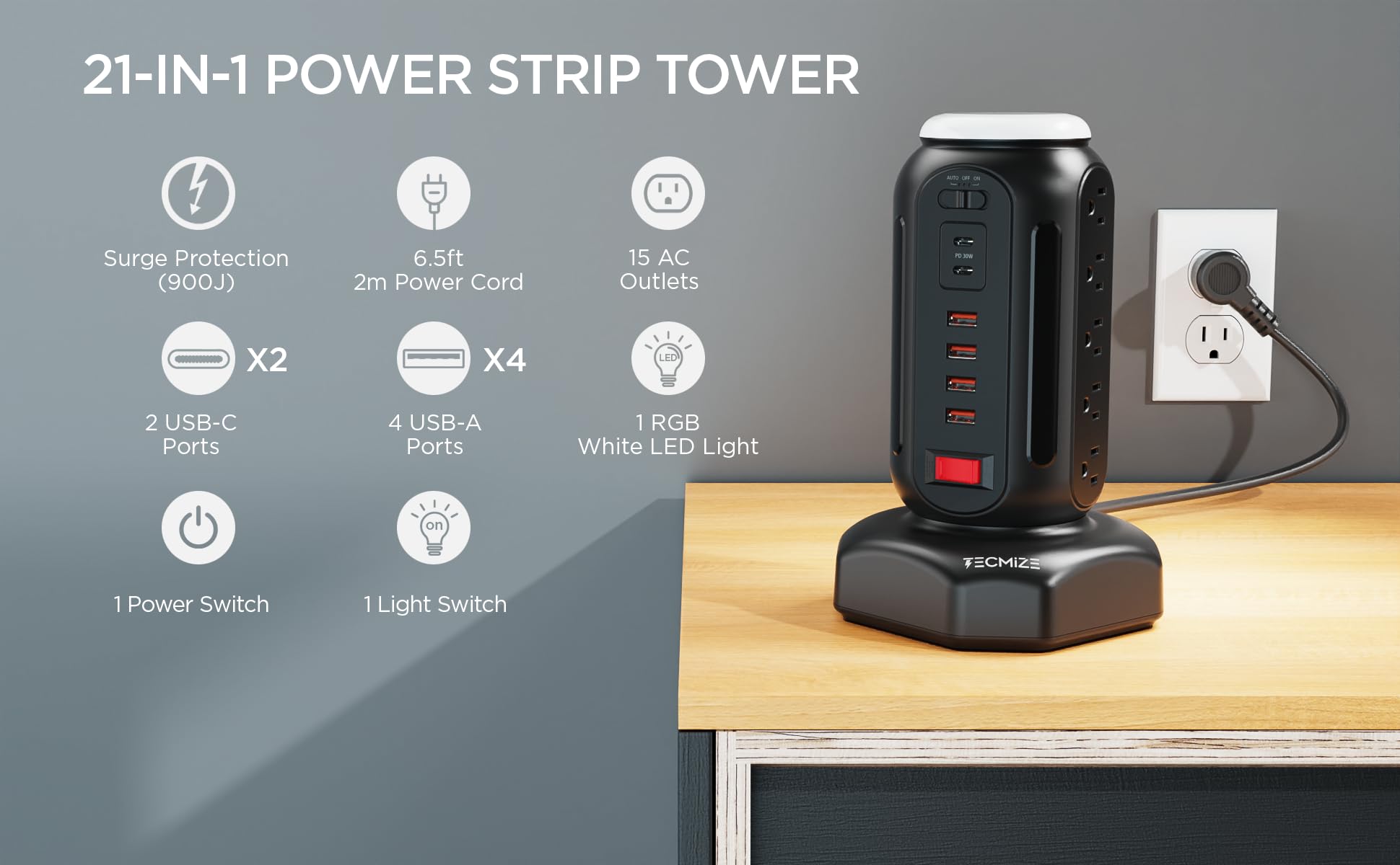 Multiple Plug PD 30W Fast Charing Power Strip, with Surge Protector, RGB Night Light, 15 Outlets Power Tower, 2 Type C and 4 USB Ports, Space Saving, Retractable Extension Cord 6.5ft for Home (Black)