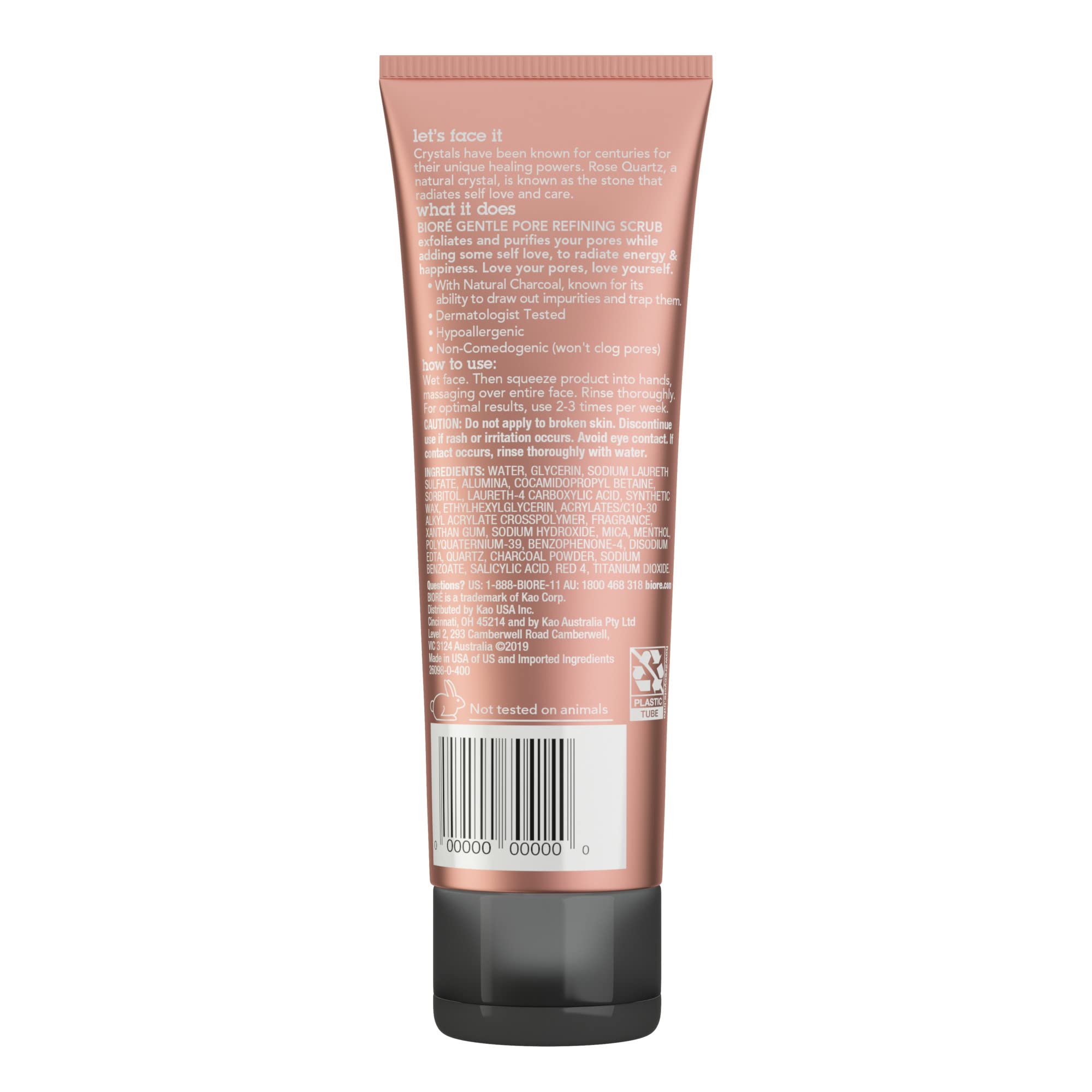 Bioré Rose Quartz + Charcoal Gentle Pore Refining Scrub, Pore Minimizing Facial Scrub, Oil Free, Dermatologist Tested, Non-Comedogenic, Cruelty Free, Vegan Friendly, 4 Oz Tubes (Pack of 3)
