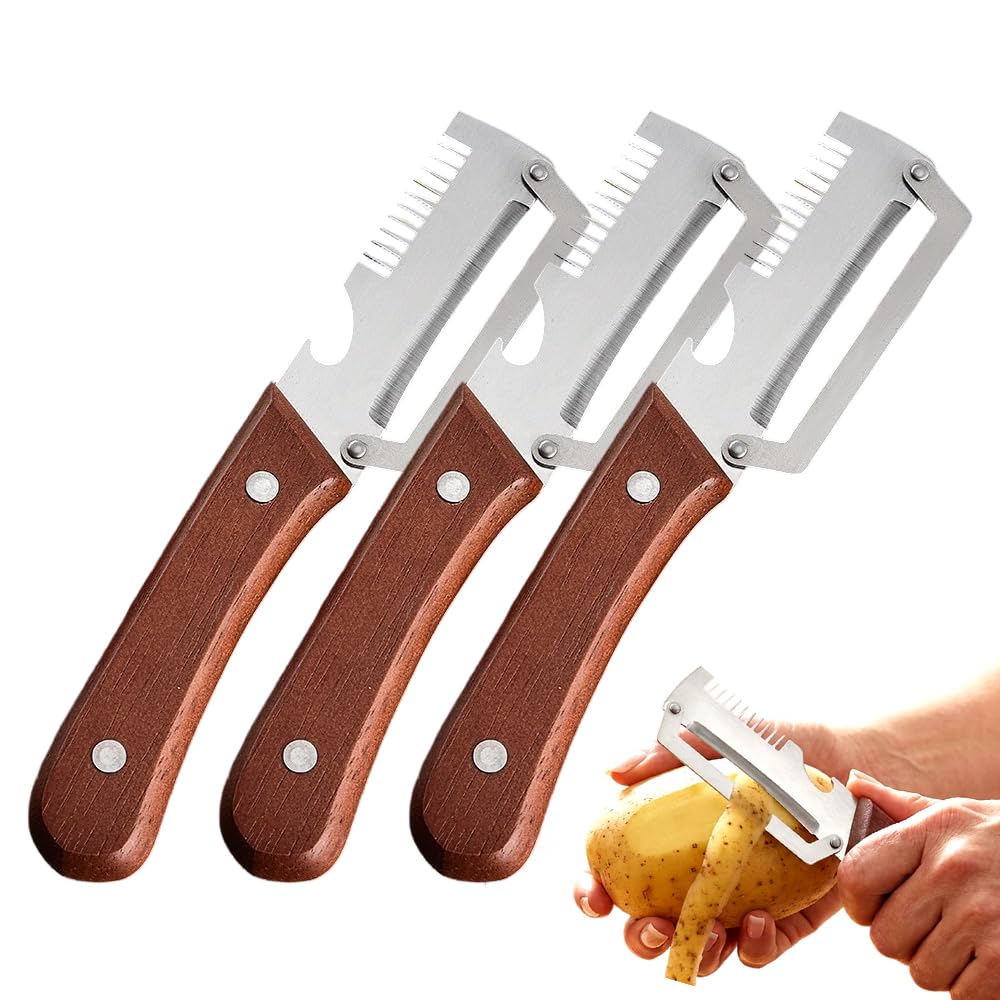 Multi-functional Vegetable Peeler for Kitchen, 2026 New Stainless Steel Peeler with Wooden Handle and Bottle Opener, Fruit and Vegetable Peeler Kitchen Tool for Fruit Veggie Pumpkin (3PCS)