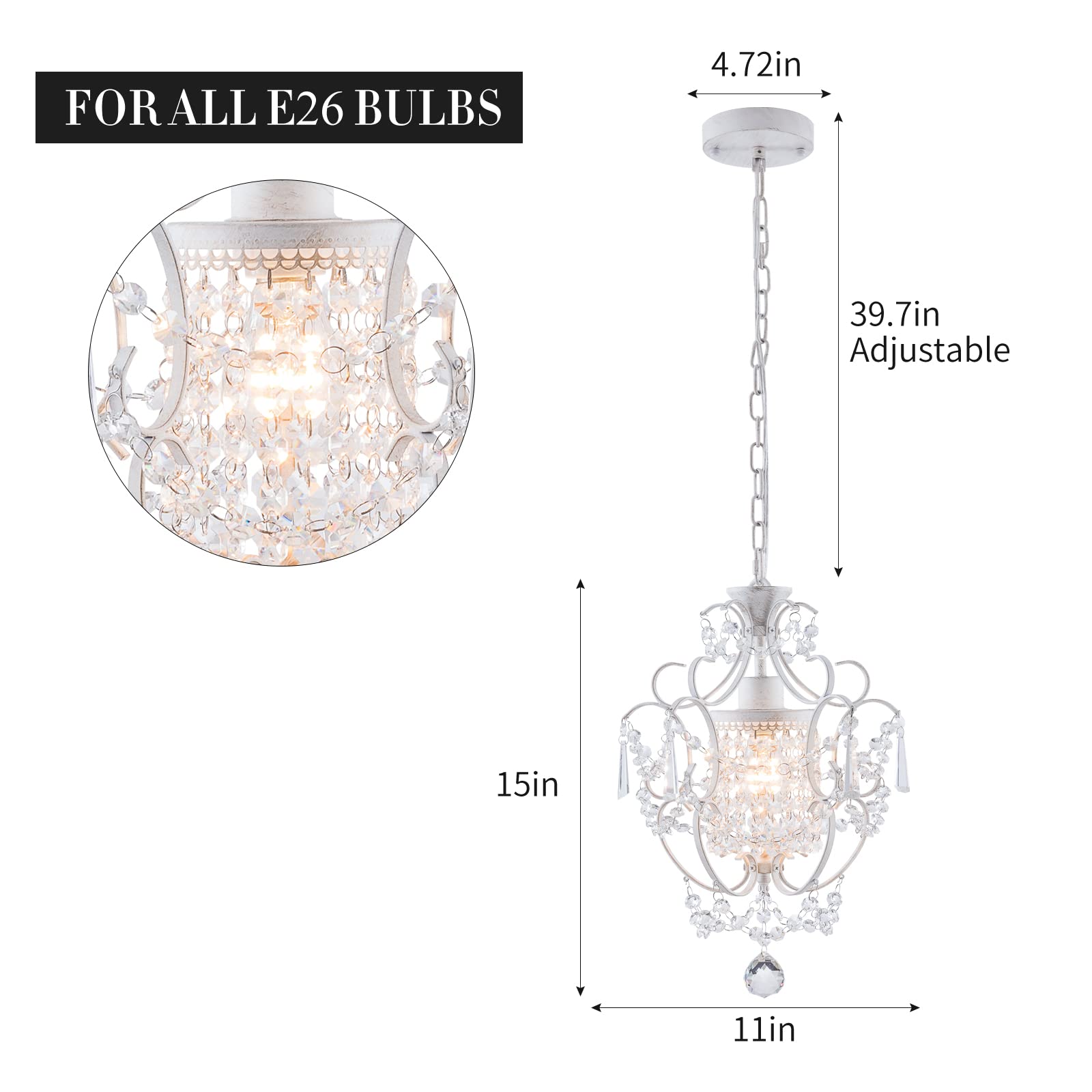 Modern Mini Chandelier,White Retro Crystal Light Fixtures Ceiling Mount 1 Light Small Crystal Chandeliers for Bedroom Elegant Crystal Hanging Lighting for Girls Room Dining Room Closet Kitchen Island