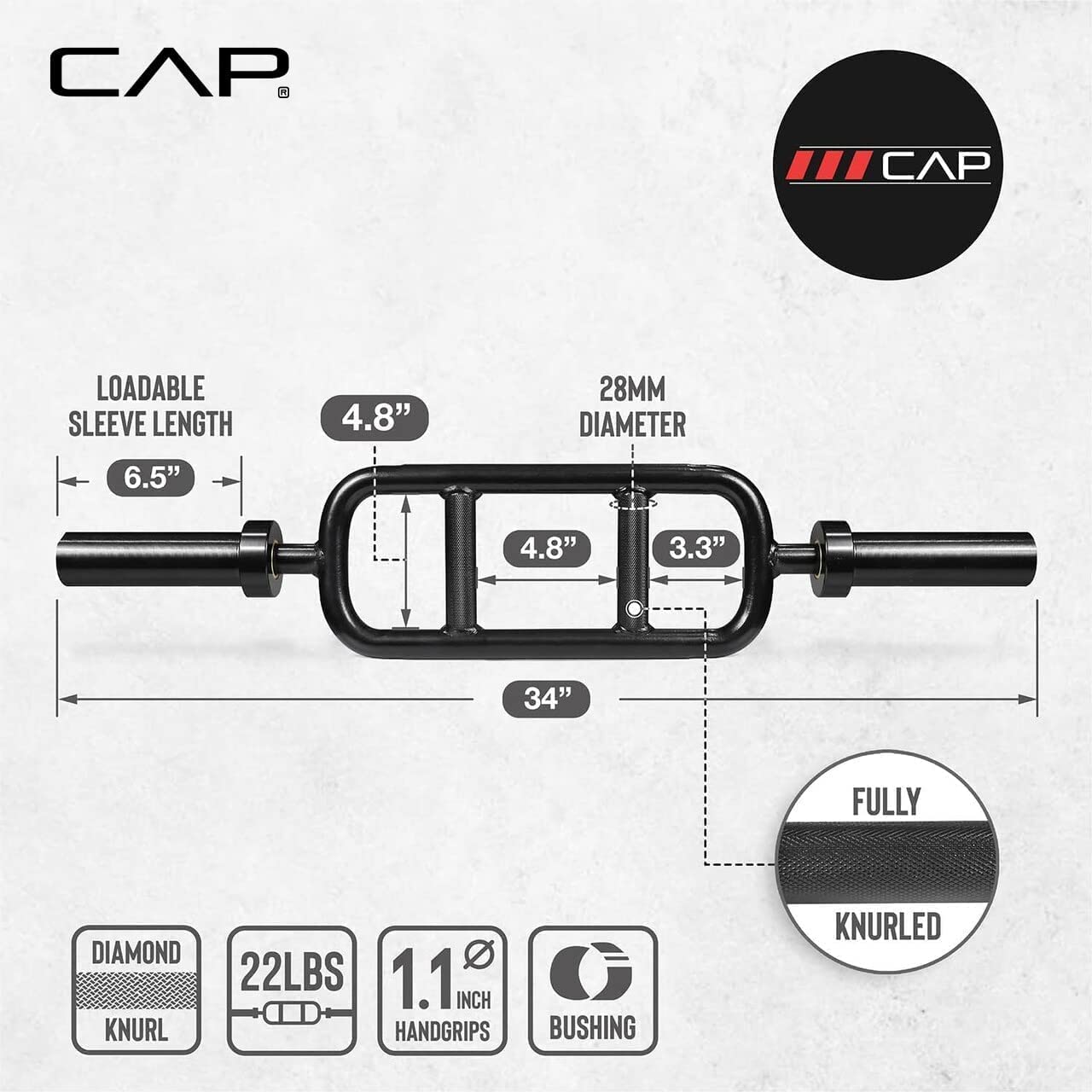 CAP Barbell 2' Solid Olympic Triceps Bar, No Collars, Black (New Version) (OBIS-34SB-3)