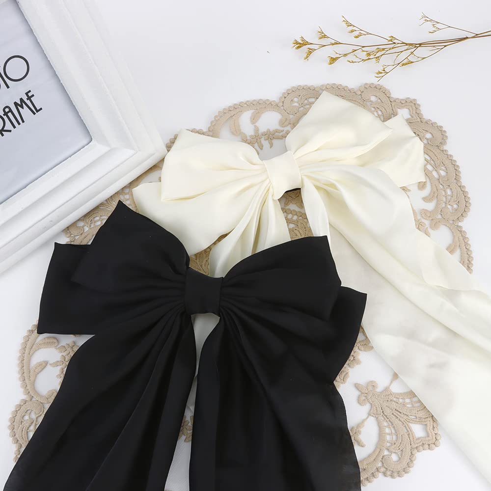 ATODEN Silky Satin Hair Bows 2Pcs Big Hair Bows for Women Hair Ribbons Oversized Long Tail White Hair Bow Black Hair Bow Large Hair Ribbon Barrettes Metal Clips Bowknot Aesthetic Hair Accessories