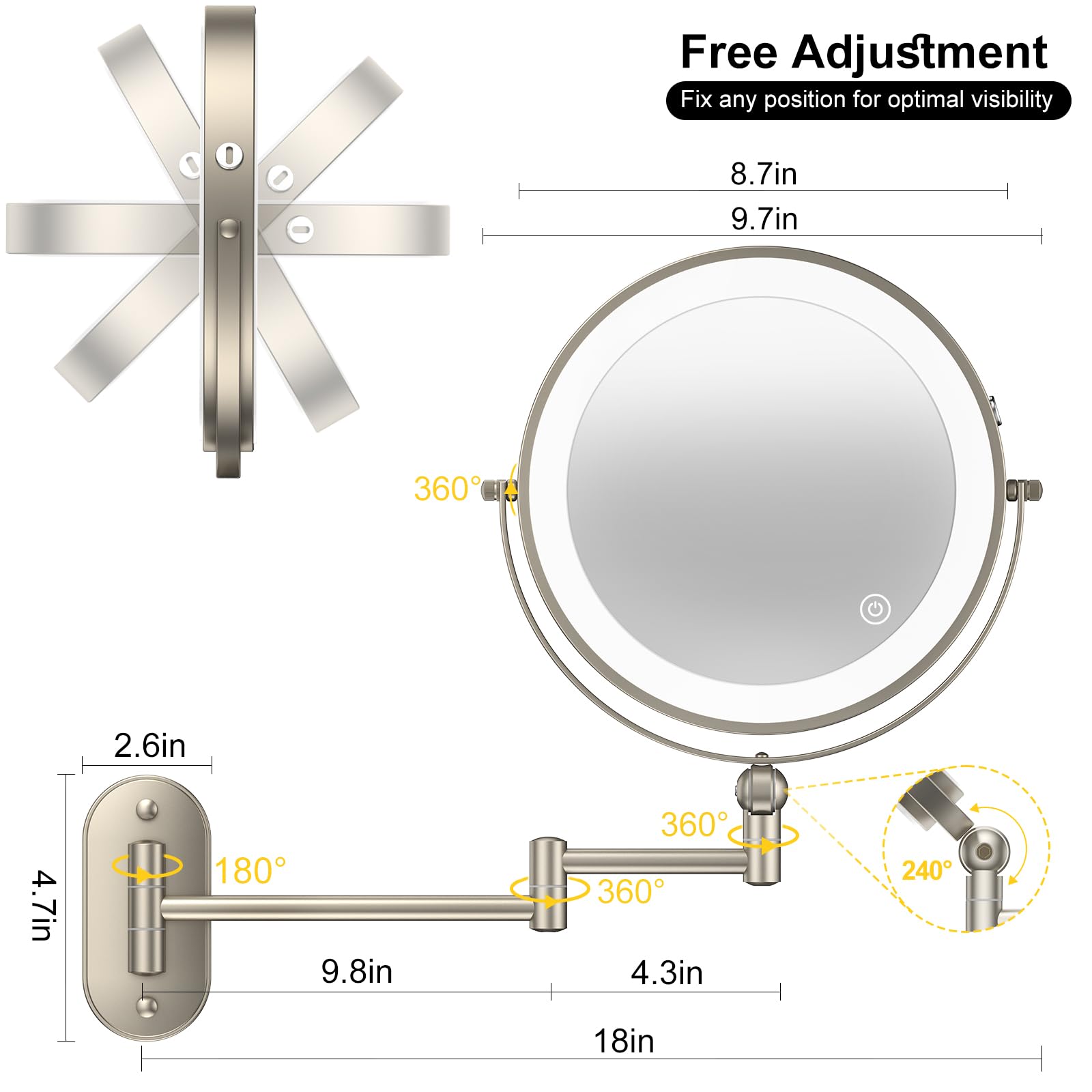 IMIKONA 9" Wall Mounted Lighted Makeup Mirror,4000mAh Rechargeable Double Sided 1X/10X Magnifying Mirror with Light,3 Color Lights,Touch Dimmable,Extended Arm 360 Rotation Wall Mounted Makeup Mirror