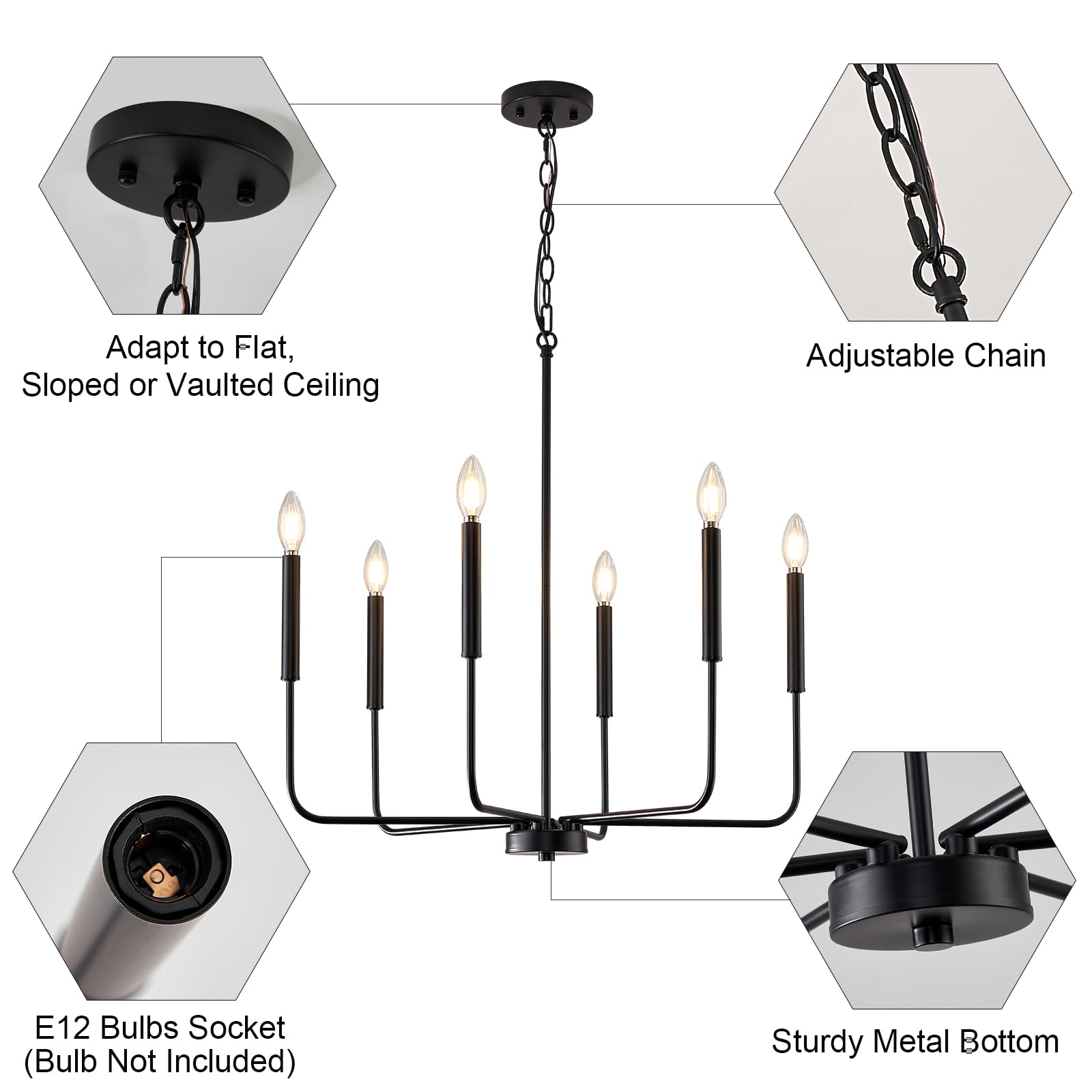 ONESMING Modern Black Chandelier for Dining Room,Metal 6-Light Kitchen Light Fixtures,Farmhouse Candle Hanging Pendant Light for Living Room Entryway Foyer Bedroom (Bulbs Not Included)