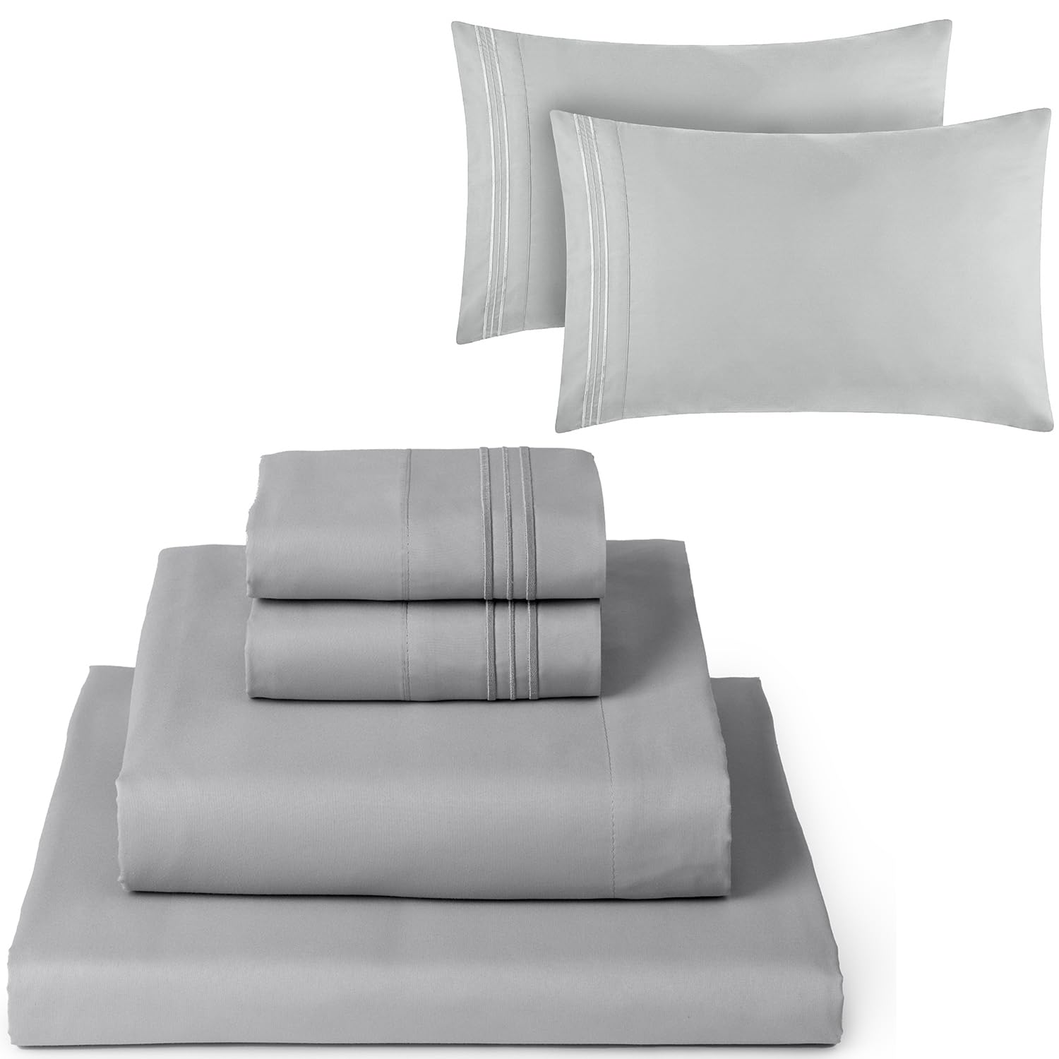 Mellanni 4PC Bed Sheet Set + 2 Pillowcases Bundle&Save - Iconic Collection Bedding - Bundle Includes: 1 Flat Sheets, 1 Fitted Sheet and 4 Pillow Cases (Queen, Light Gray)