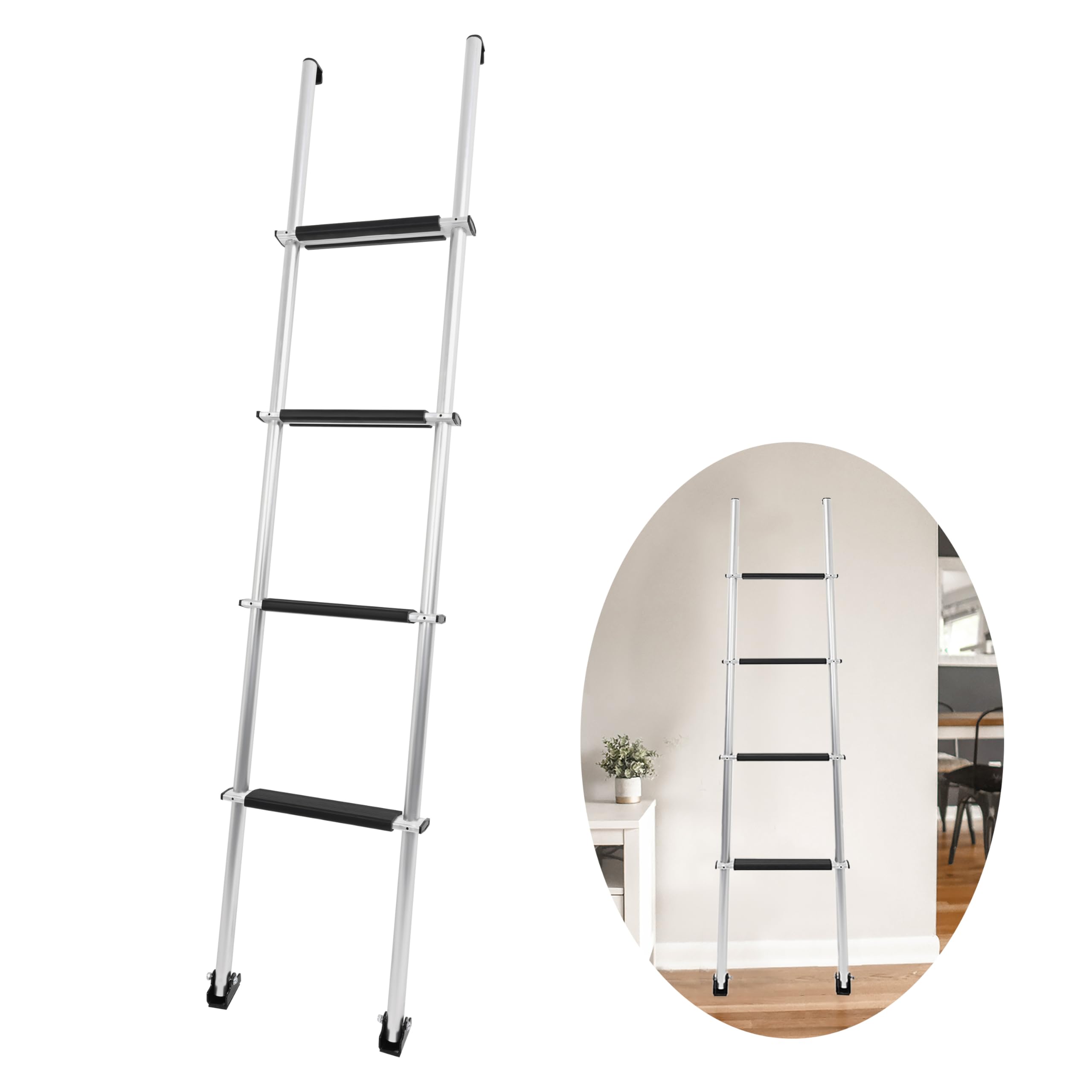 KUAFU 60'' Bunk Ladder Compatible with RV W/Hook and Rubber Foot Pads Aluminum Anti-Slip Bunk Bed Dorm Loft Home Appartments Ladder Lightweight and Sturdy Design for Safe Climbing 450LBS