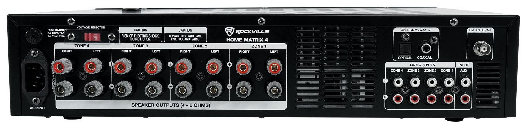 Rockville Home Matrix 4 600W Multi Room Receiver/Amplifier, 8-Channel (4 Zones), Bluetooth, USB, Optical, Coaxial, RCA, Mic Inputs