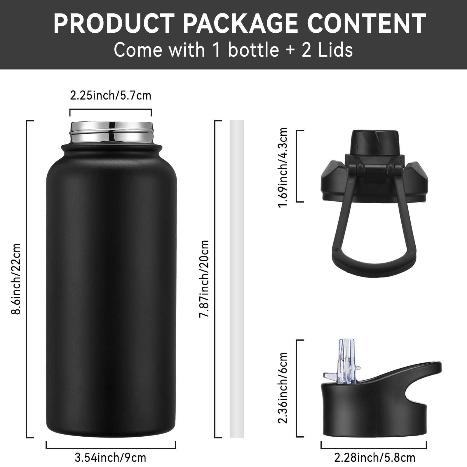 Cool Yoleb 32 Oz Insulated Stainless Steel Water Bottle with Straw and Spout Lid Leak Proof Double Wall Vacuum Sports Water Bottles for Gym Camping Hiking, Black