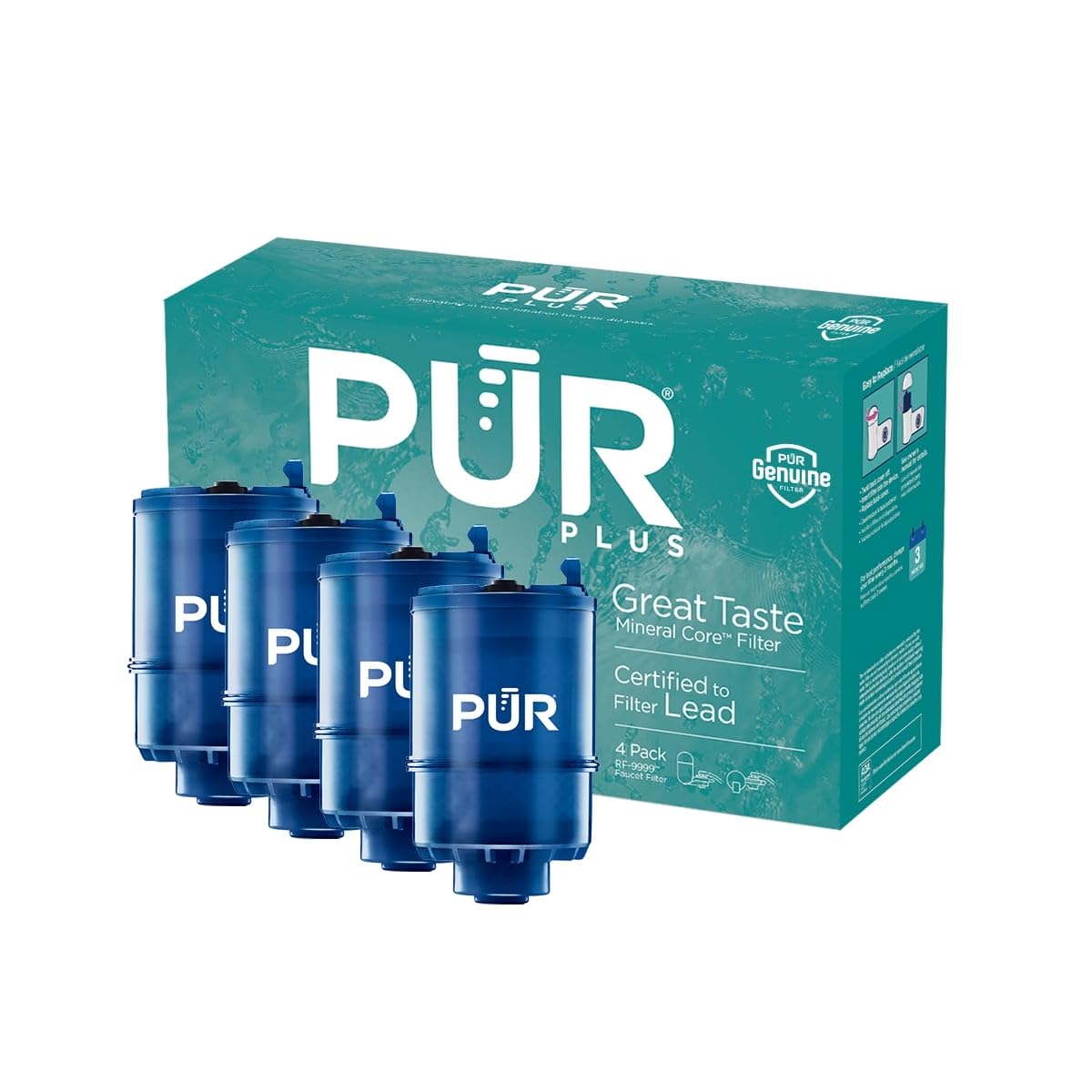 PUR PLUS Faucet Mount Replacement Filter 4-Pack, Genuine PUR Filter, 3-in-1 Powerful, Natural Mineral Filtration, Lead Removal, 1-Year Value, Blue (RF99994)