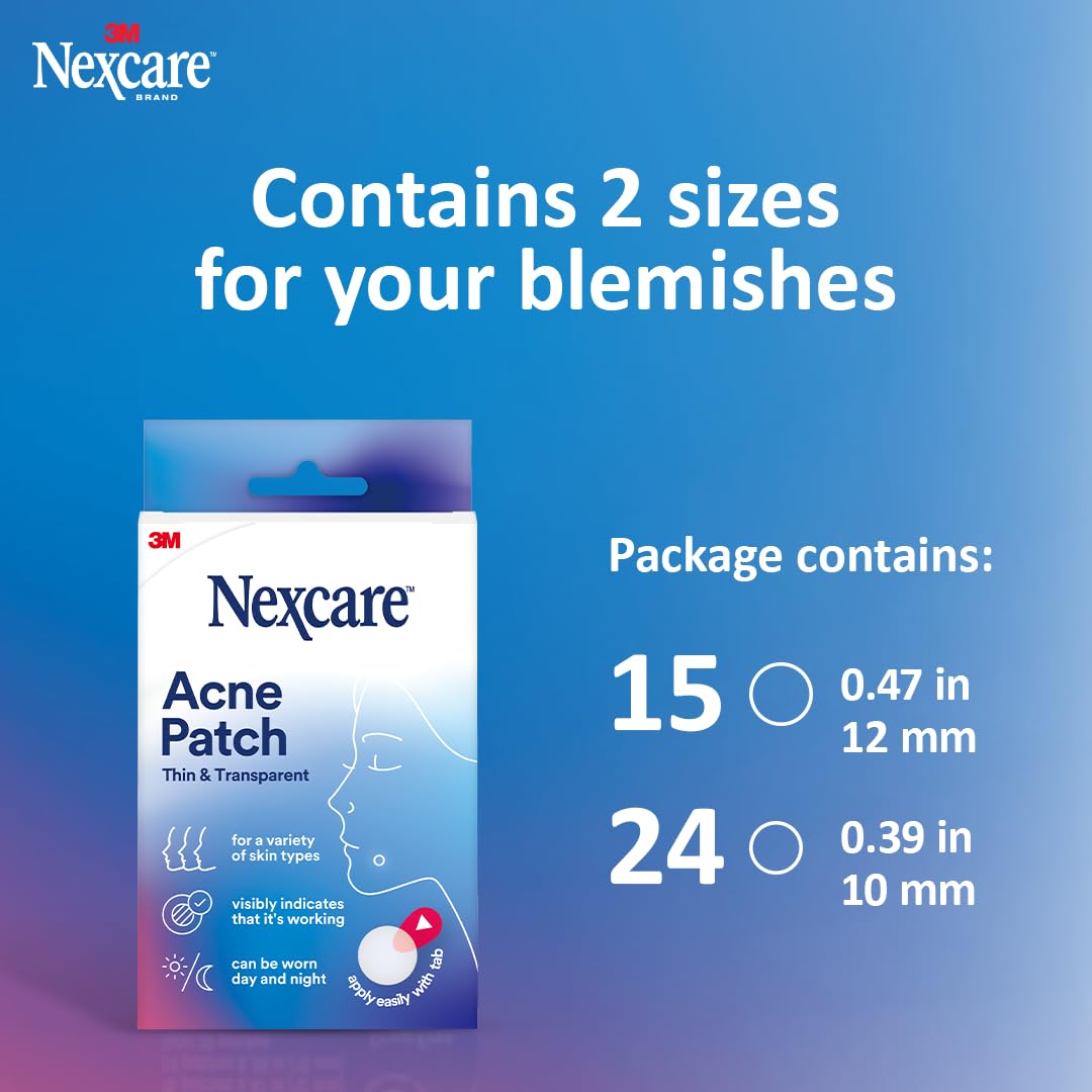 Nexcare Thin and Transparent Acne Patch, Skin Cover Absorbs Pus and Oil from Clogged Pores, made with hydrocolloid, tab allows for easy removal from liner - 39 Pimple Patches