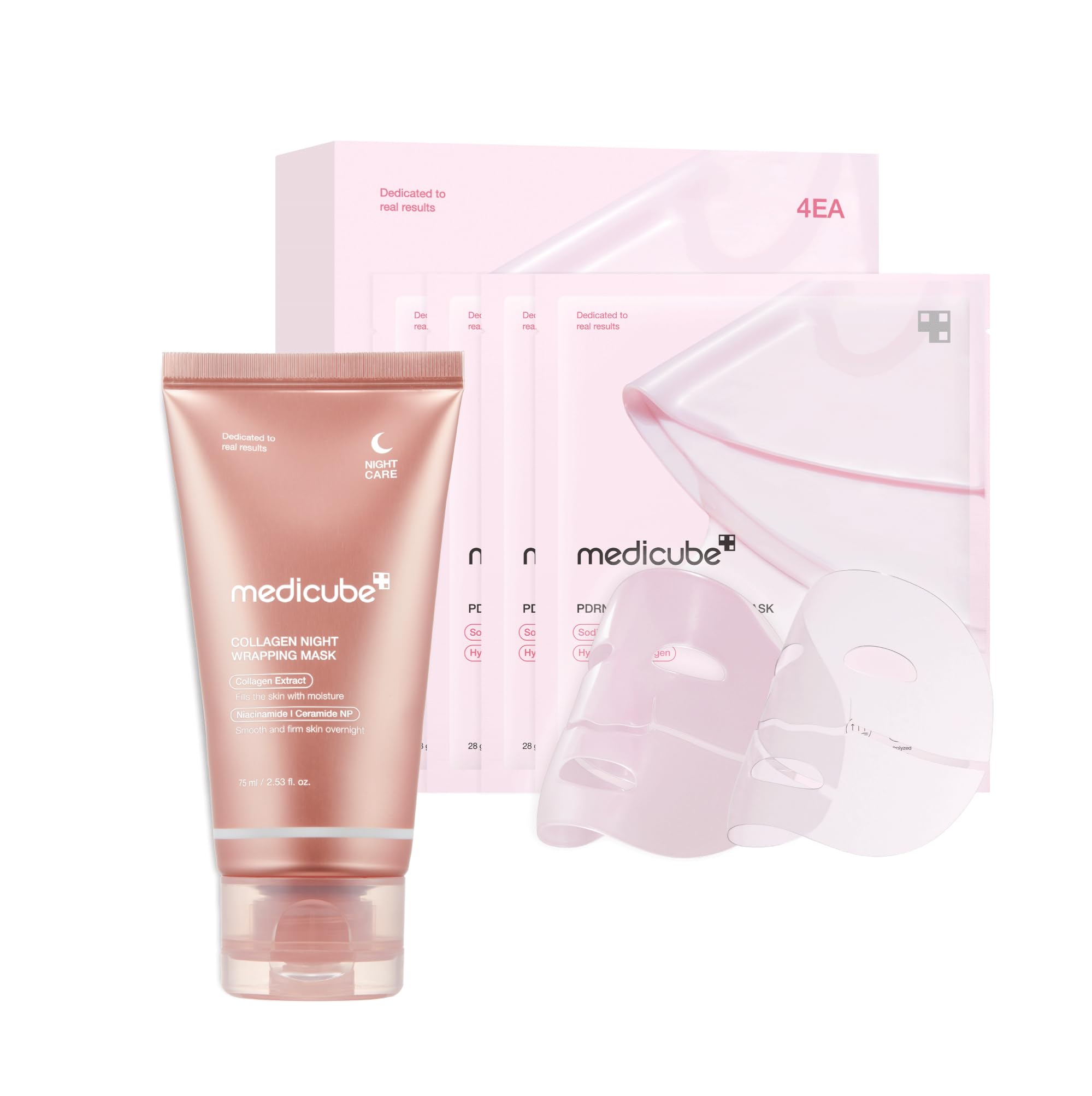 medicube All Day Glass Glow Skin Duo: Collagen Overnight Wrapping Peel Off Facial Mask Pack and Salmon DNA PDRN pink collagen jelly gel mask (4ea)