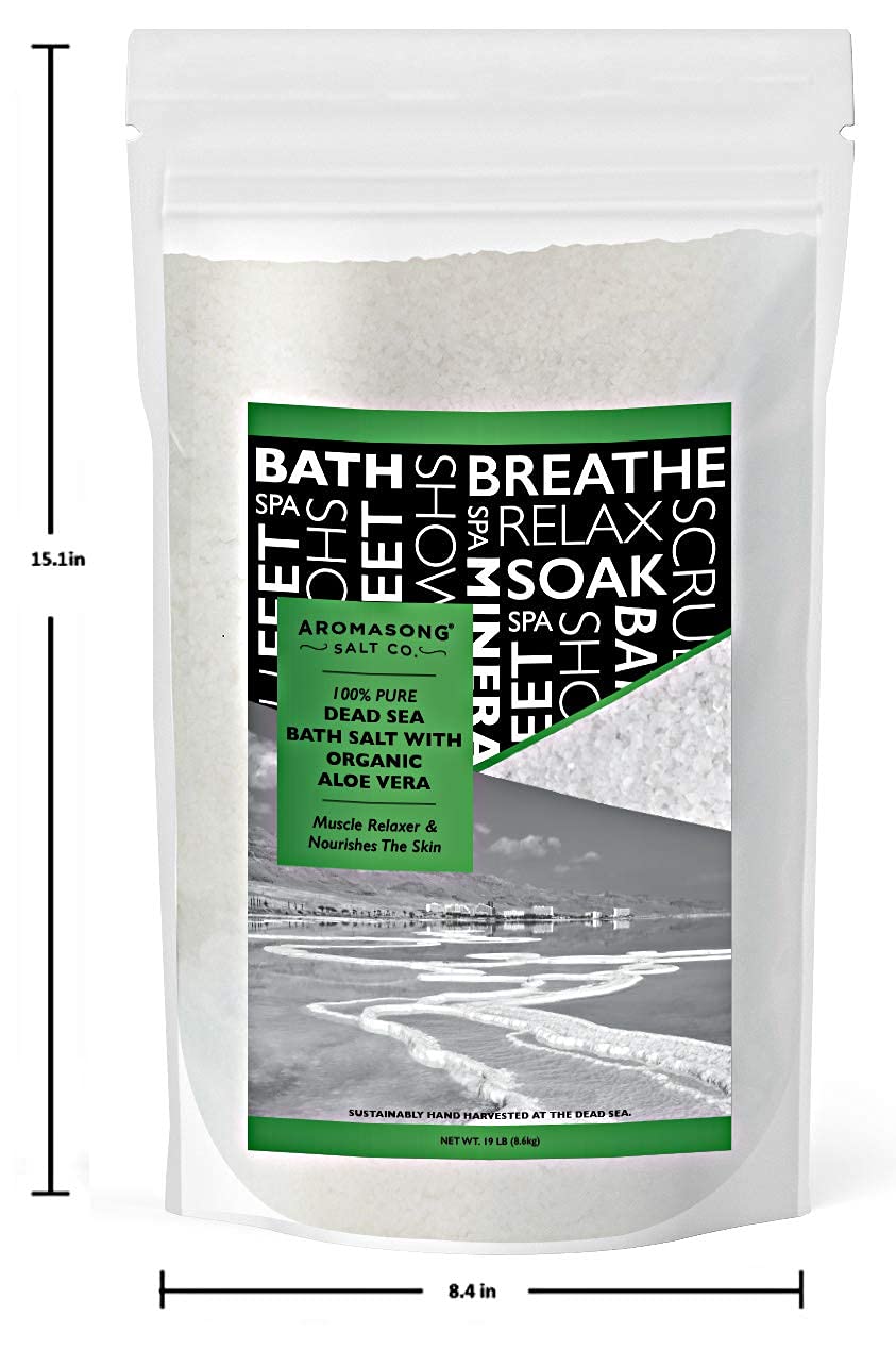 Aromasong Dead Sea Salt with Organic Aloe Vera, Spa Bath Salts, 19 Lbs Fine Bulk resealable Pack, 100% Pure & Natural, Soak for Women & Men for Tired Muscles & Skin Issues (Packaging May Vary)