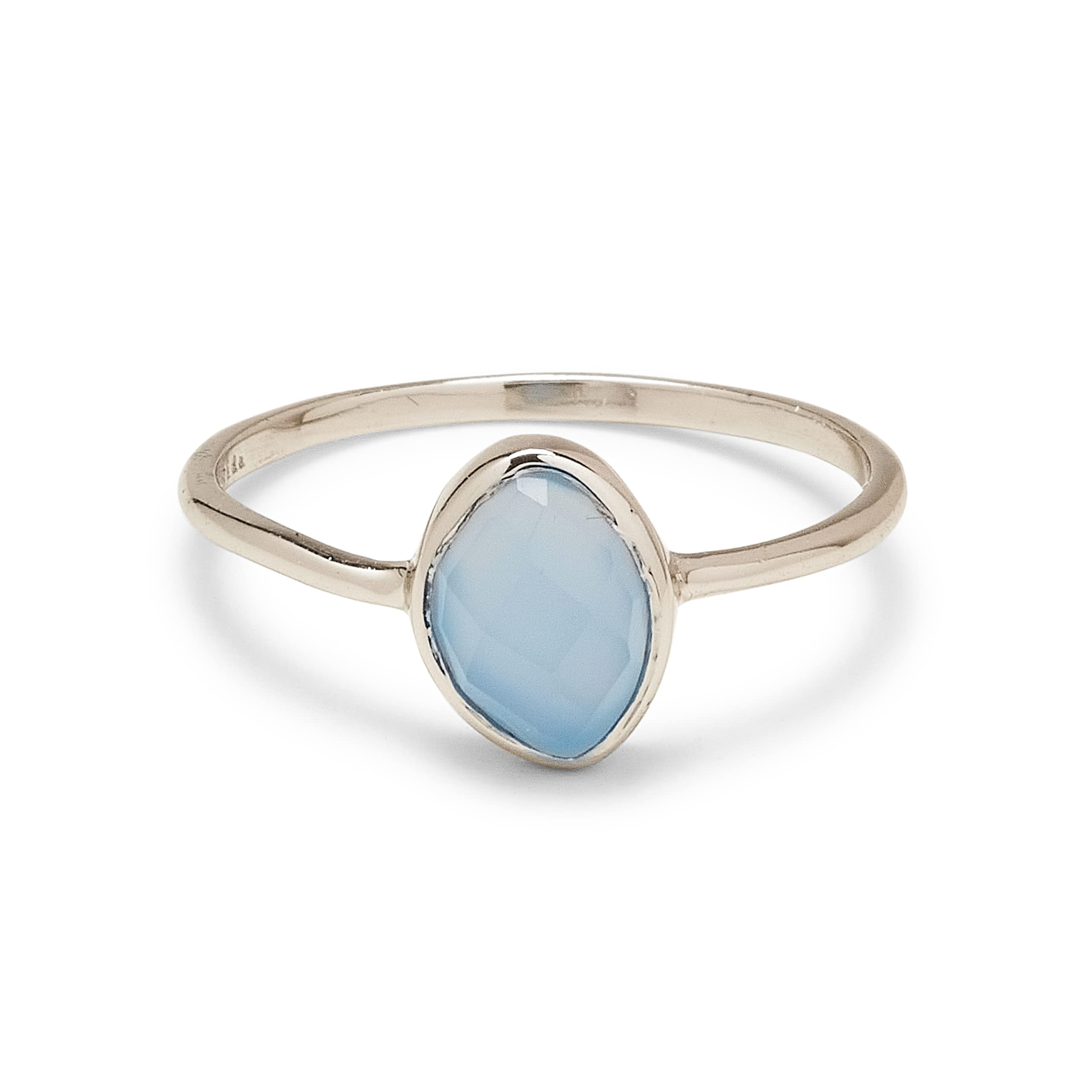 Pura Vida Ring Silver Organic Stone Ring - Handmade Ring with Blue Chalcedony, Brass Base with Rhodium Plating - Silver Rings for Women, Cute Rings, Boho Jewelry for Women - Size 9