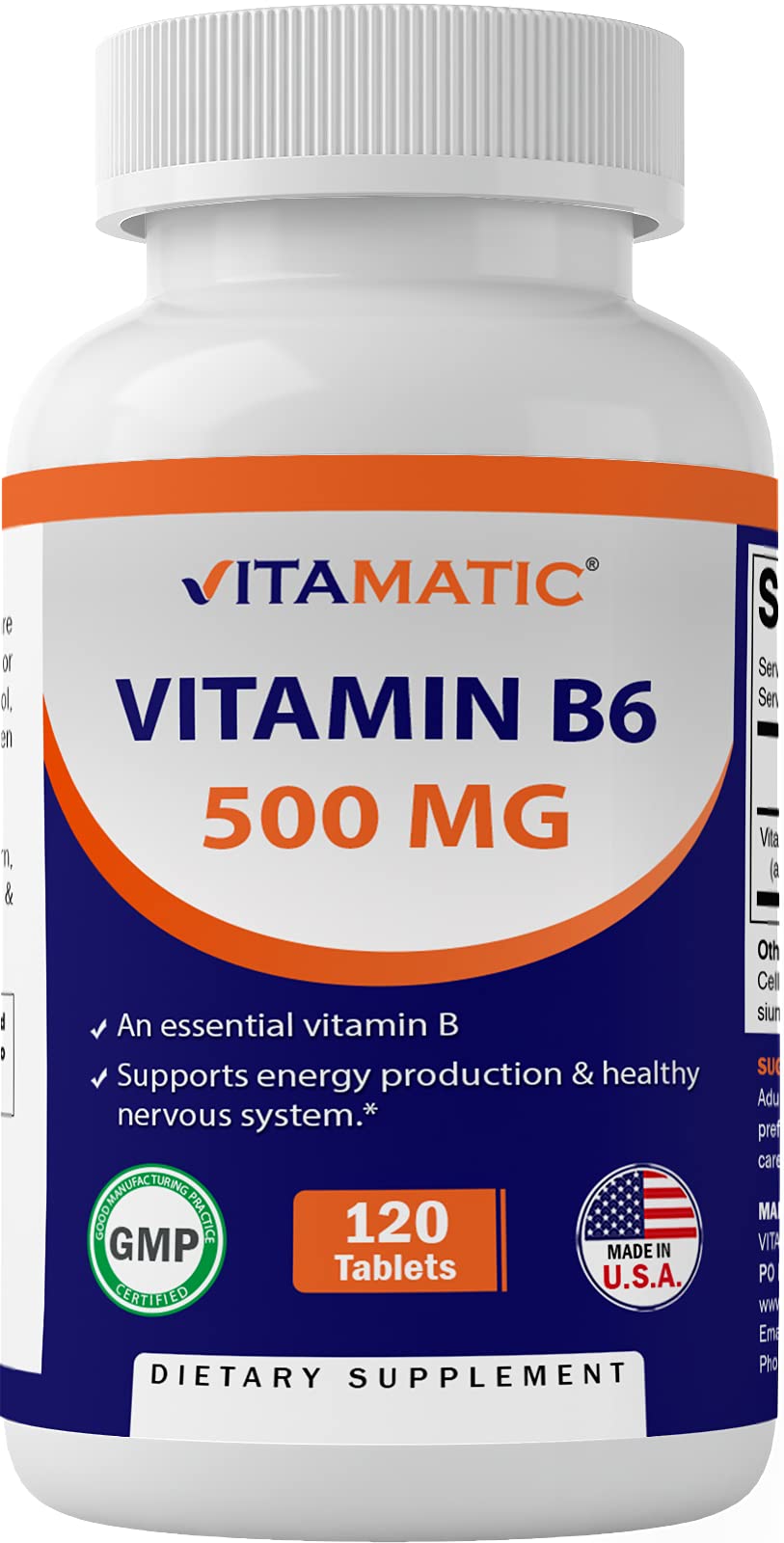 Vitamatic Vitamin B6 (Pyridoxine HCI), 500 mg 120 Vegetarian Tablets - Promotes energy production, boosts metabolism and immune health support