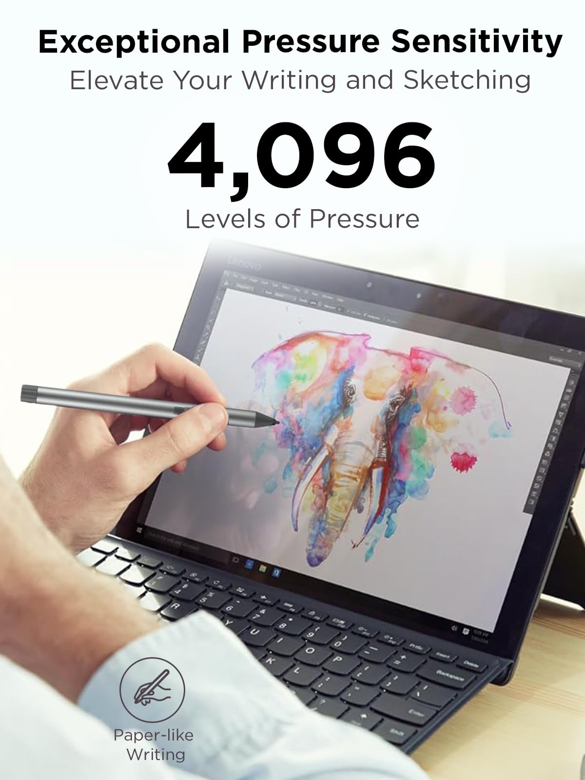 Lenovo Digital Pen 2 (Laptop) - Ultra-Tactile Response - 4,096 Levels of Pressure - Natural Feel Elastometer Pen Tip - Extended Battery Life - Silver, Grey